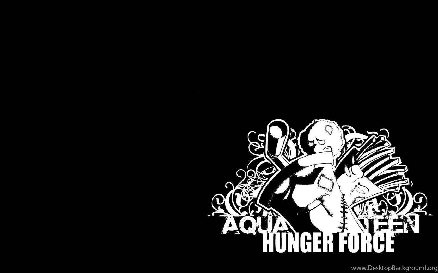 teen 桌布 壁紙 — 一幅鮮明的黑白插圖，描繪 Aqua Teen Hunger Force 角色在純黑色背景上。
