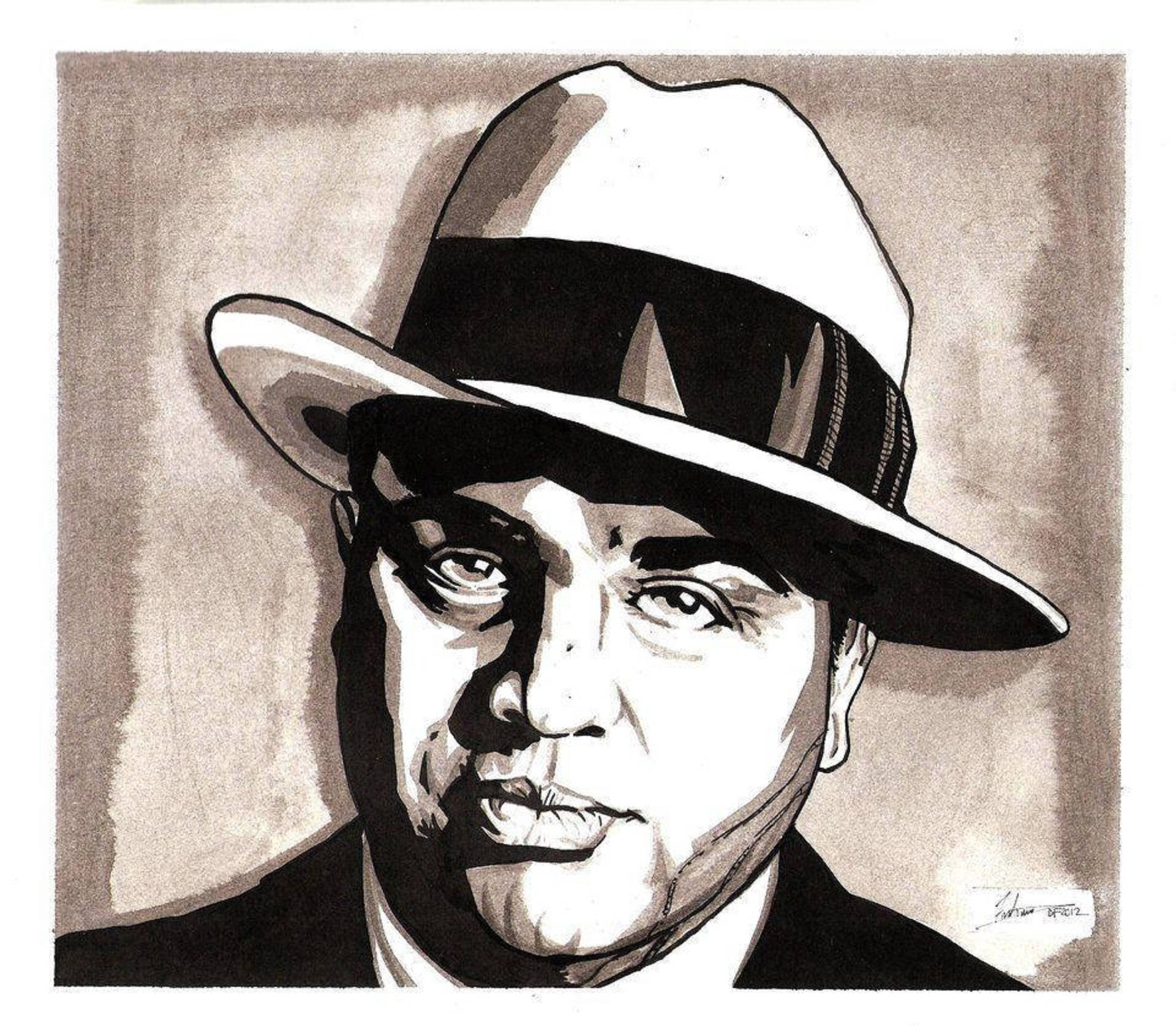 Capone 桌布 壁紙 — 一幅鮮明的黑白插圖，描繪一位戴著軟呢帽、眼神銳利、表情嚴肅的男子。