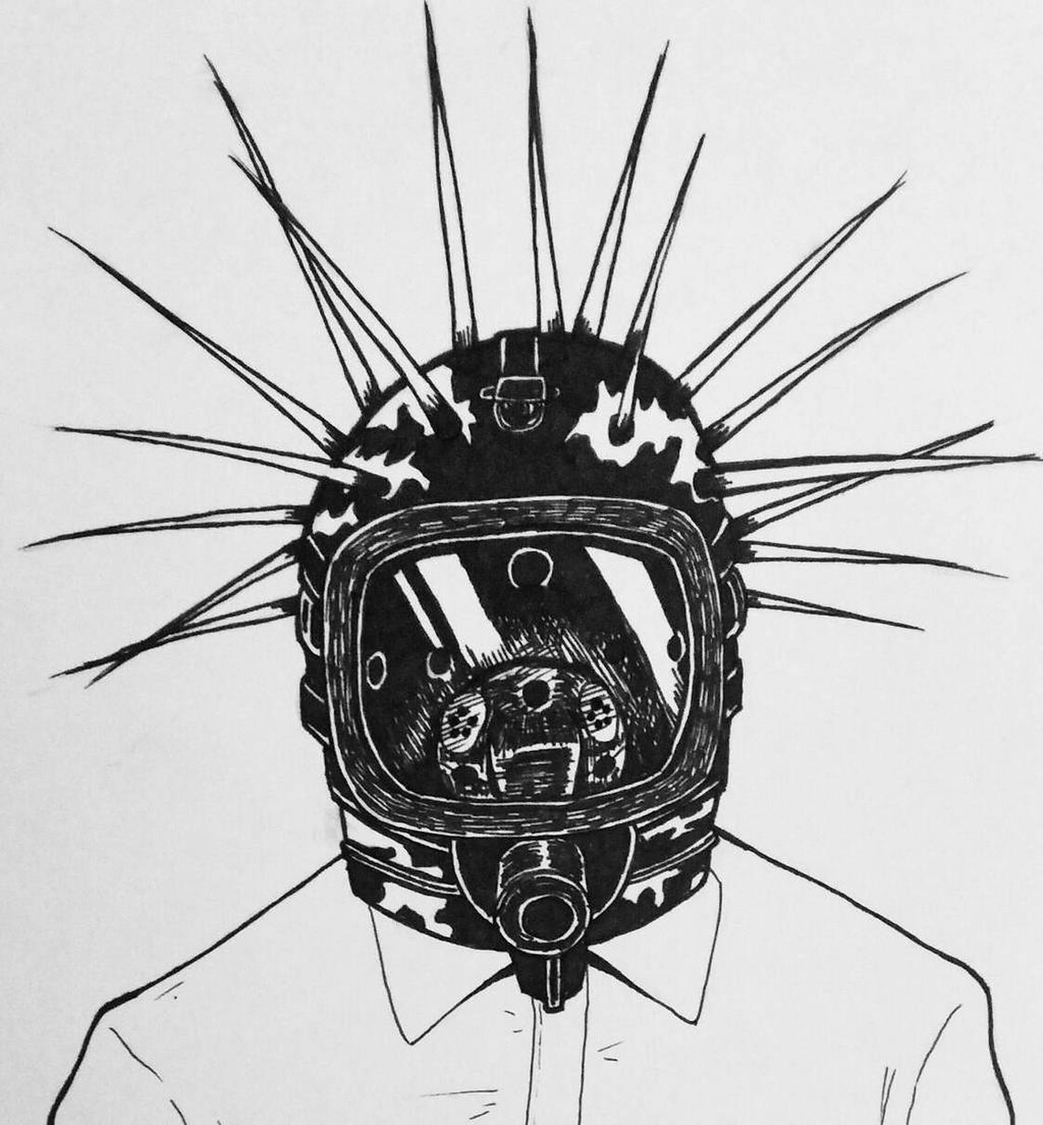 craig jones 桌布 壁紙 — 一幅鮮明的黑白插圖，描繪一個人戴著有尖刺的太空人頭盔，頭盔上的反光面罩映出扭曲的臉孔。