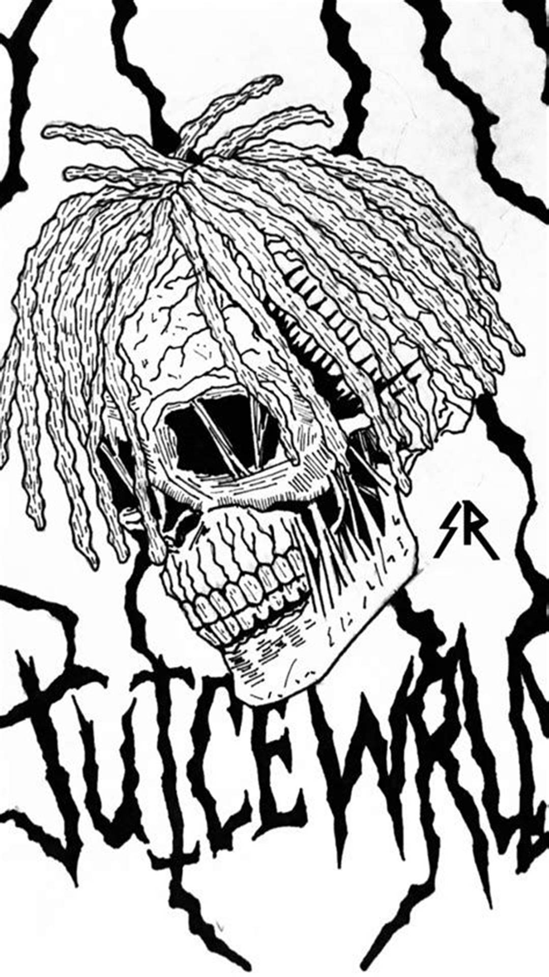 帶有辮子的頭顱骨和鋸齒狀裂縫，附有「JUICEWRLD」文字。 — Juice Wrld 壁紙