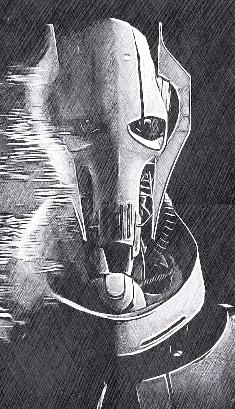 General Grievous 桌布 壁紙 — 一幅鮮明的黑白插圖，描繪一個帶有銳利棱角特徵和發光眼睛的威脅性機器人面孔。