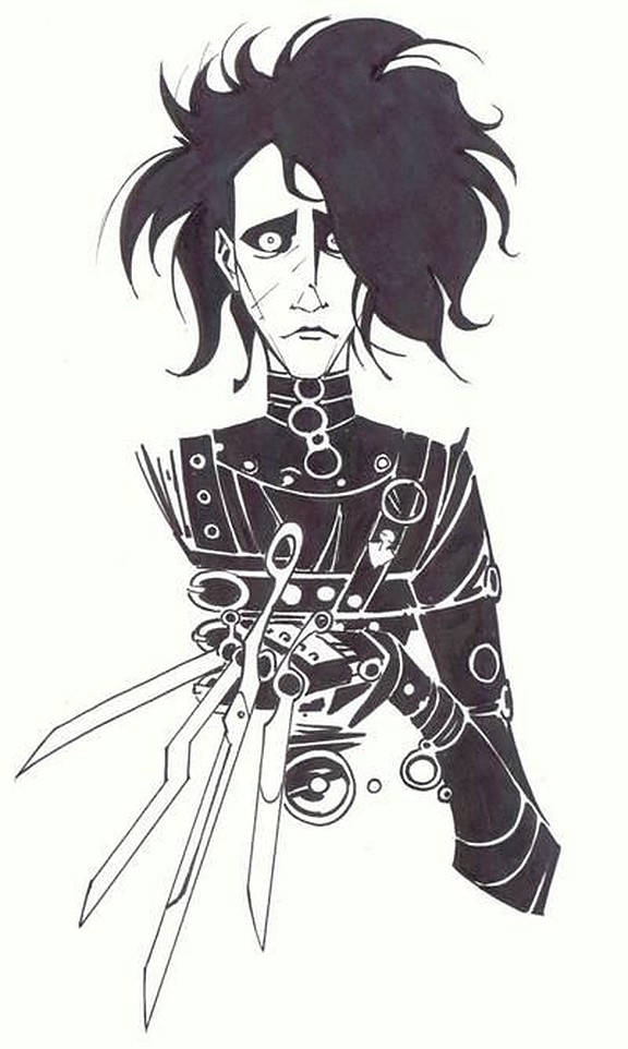 Edward Scissorhands 桌布 壁紙 — 一幅鮮明的黑白插圖，描繪一個帶有狂野頭髮和機械爪的哥德式人物。