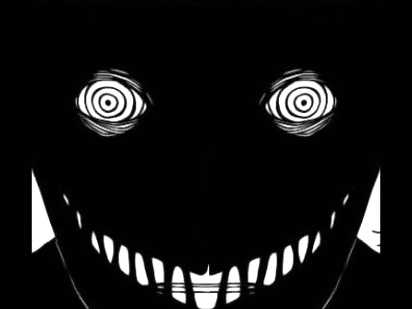 Black Zetsu 桌布 壁紙 — 一幅鮮明的黑白插圖，描繪一個帶有螺旋眼睛和咧嘴露齒笑容的威脅面孔。