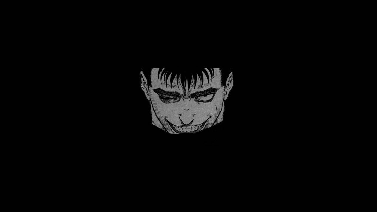 Berserk Guts 桌布 壁紙 — 一幅鮮明的黑白插圖，描繪一個帶有寬闊笑容和瞇起眼睛的威脅性動漫面孔，背景為純黑色。