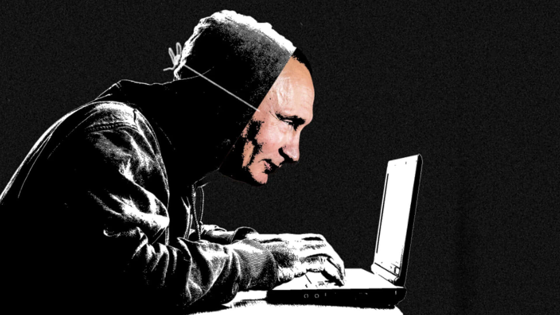 Cybersecurity Memes 桌布 壁紙 — 一幅鮮明的黑白插圖，描繪一個戴著兜帽的人物在黑暗背景前專注地打字。