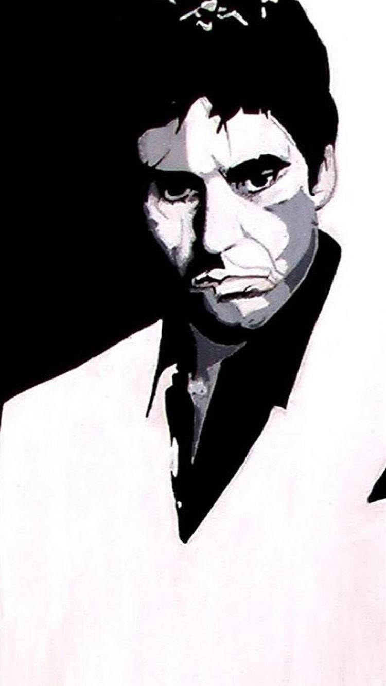 Al Pacino Scarface 桌布 壁紙 — 一幅鮮明的黑白插圖，描繪一個眼神銳利、表情嚴肅的男人，背景為深色。