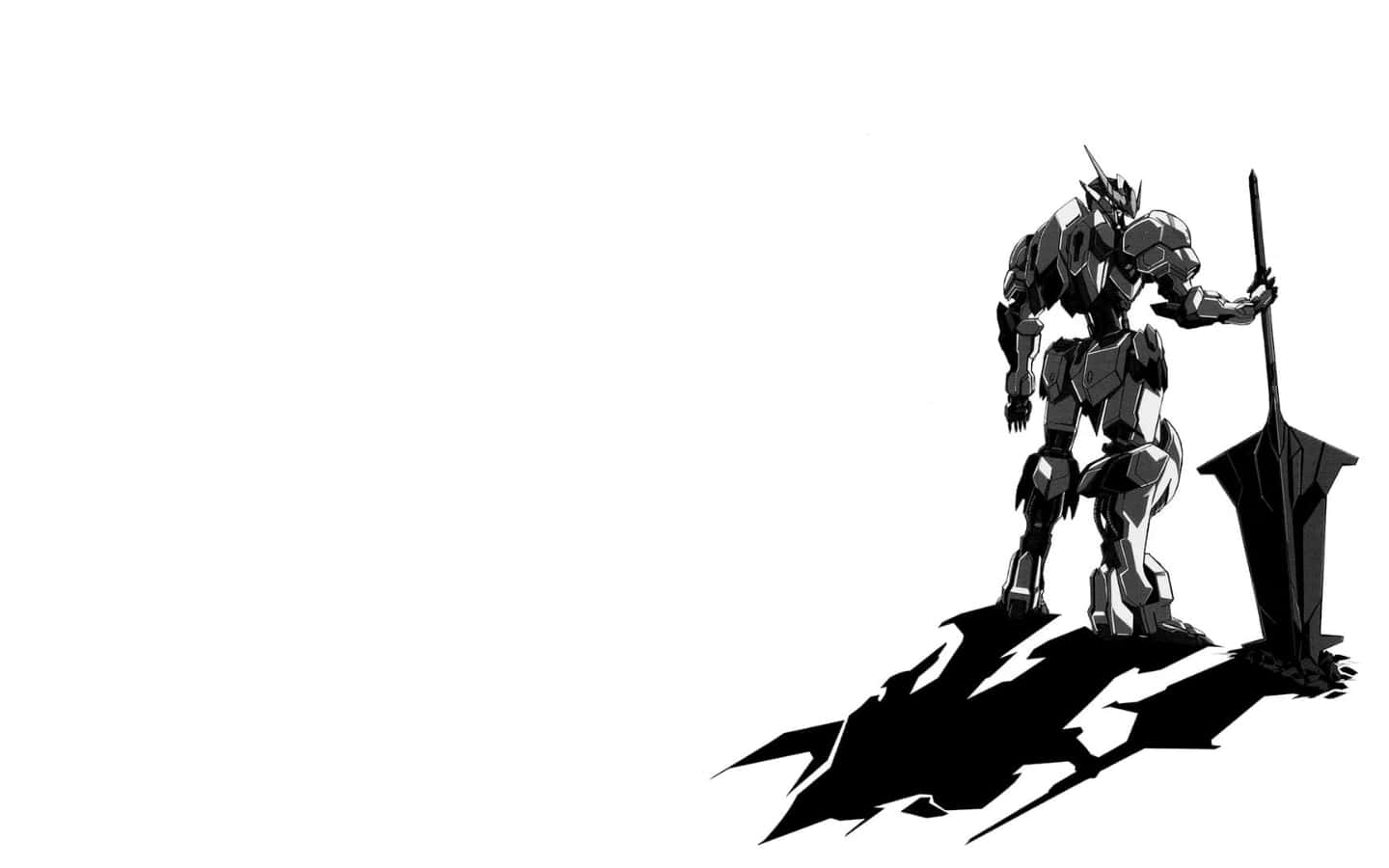Gundam Desktop 桌布 壁紙 — 一幅鮮明的黑白插圖，描繪一個重裝甲機器人站在純白背景前，手持長矛。