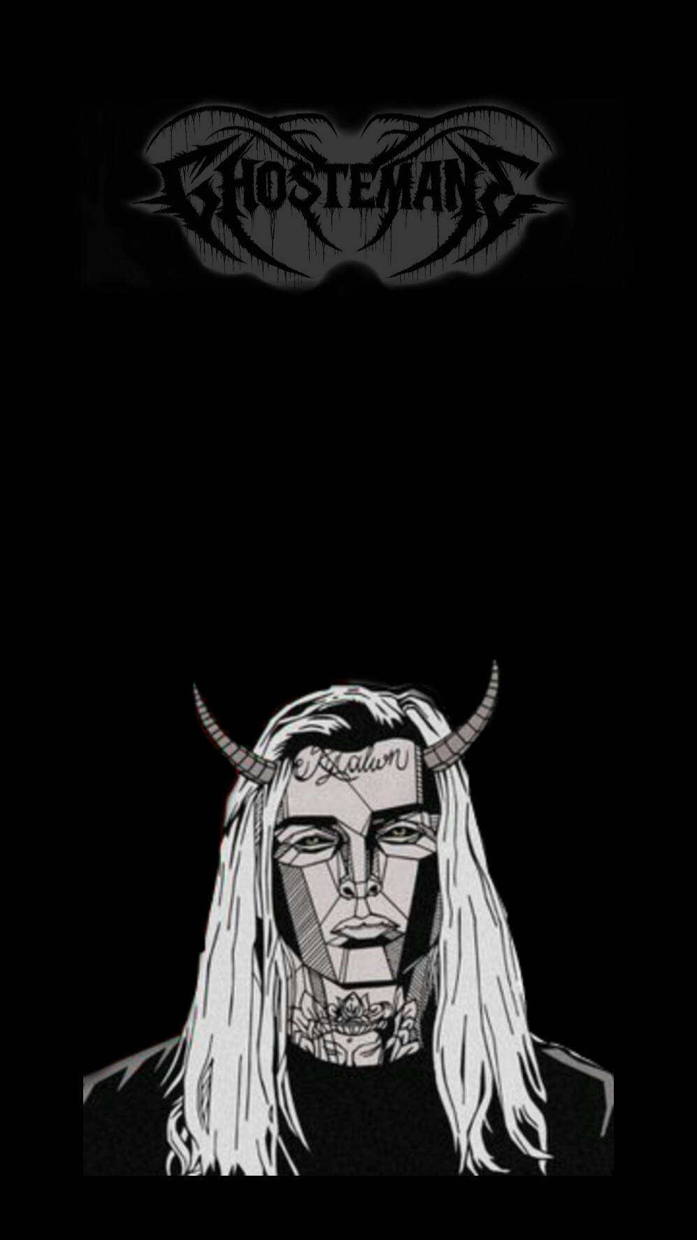 Ghostemane 桌布 壁紙 — 一幅鮮明的黑白插圖，描繪一個長髮、額頭有紋身、頭上有角的形象，下方是哥德風格的「GHOSTEMANE」標誌。