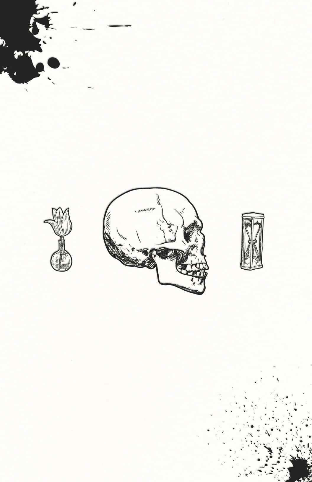 Memento Mori 桌布 壁紙 — 一幅鮮明的黑白插圖，描繪一個骷髏頭，兩側分別是玻璃杯中的鬱金香和沙漏，背景為白色並帶有墨水飛濺。