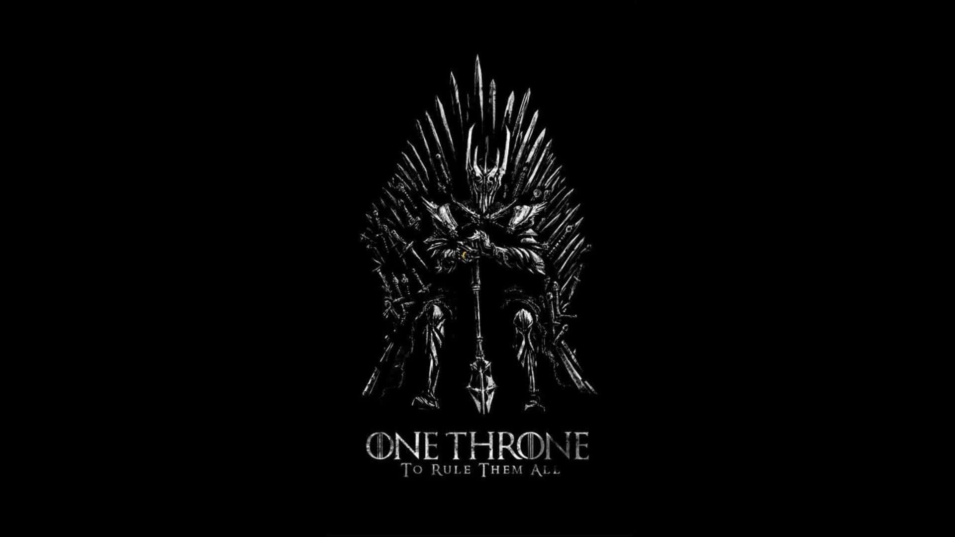 Throne 桌布 壁紙 — 一幅鮮明的黑白插圖，描繪一個骷髏坐在鐵王座上，下方有文字 One Throne To Rule Them All。