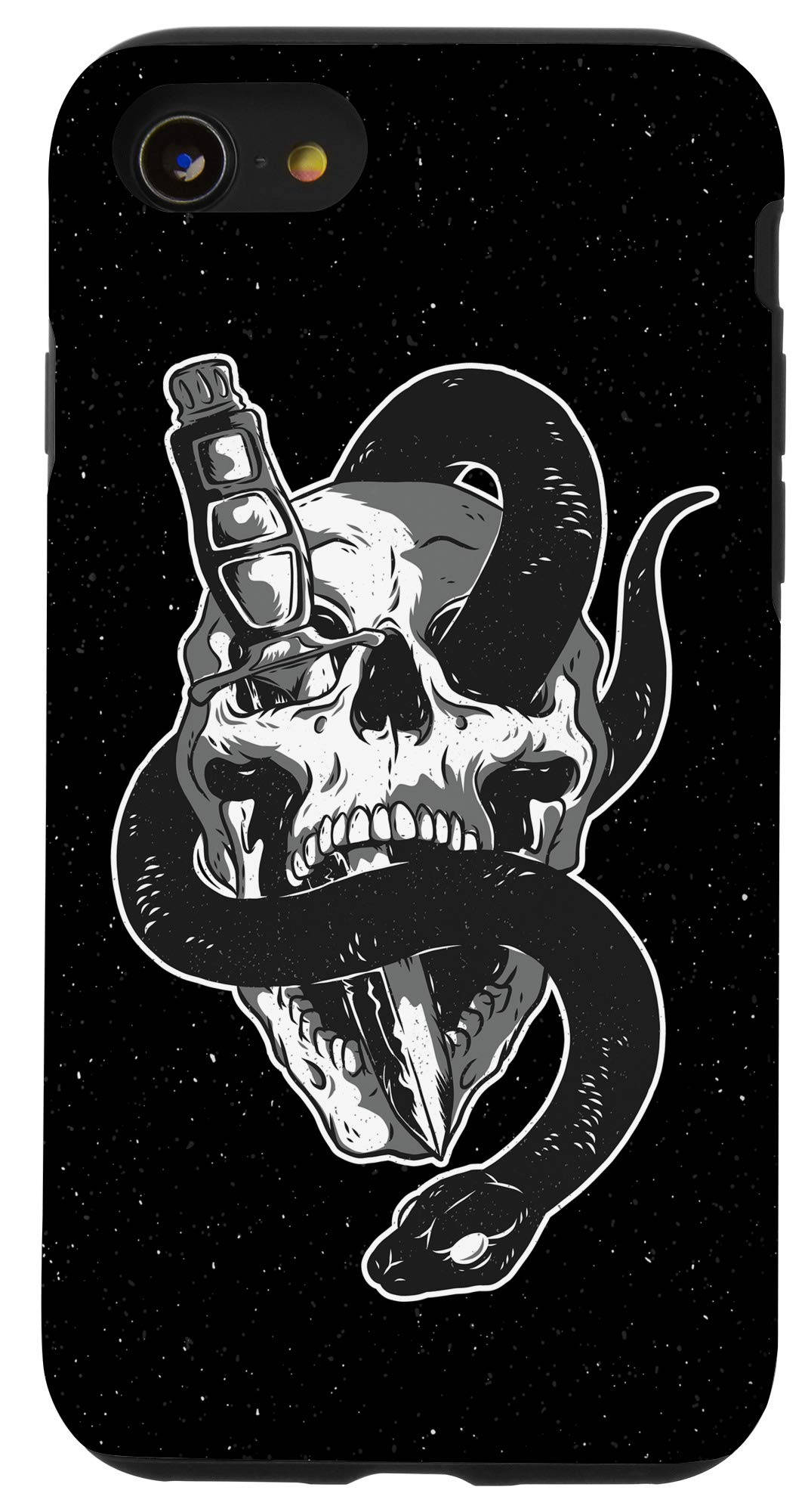 Gothic Phone 桌布 壁紙 — 一幅鮮明的黑白插圖，描繪一個骷髏頭被蛇纏繞，蛇拿著一個瓶子，背景是繁星點點的夜空。