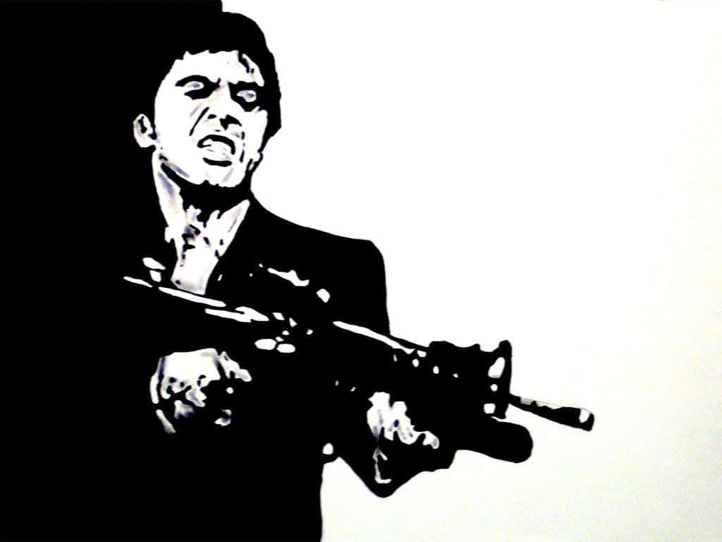 Scarface Desktop 桌布 壁紙 — 一幅鮮明的黑白插圖，描繪一名身穿西裝的男子手持突擊步槍，表情強烈。