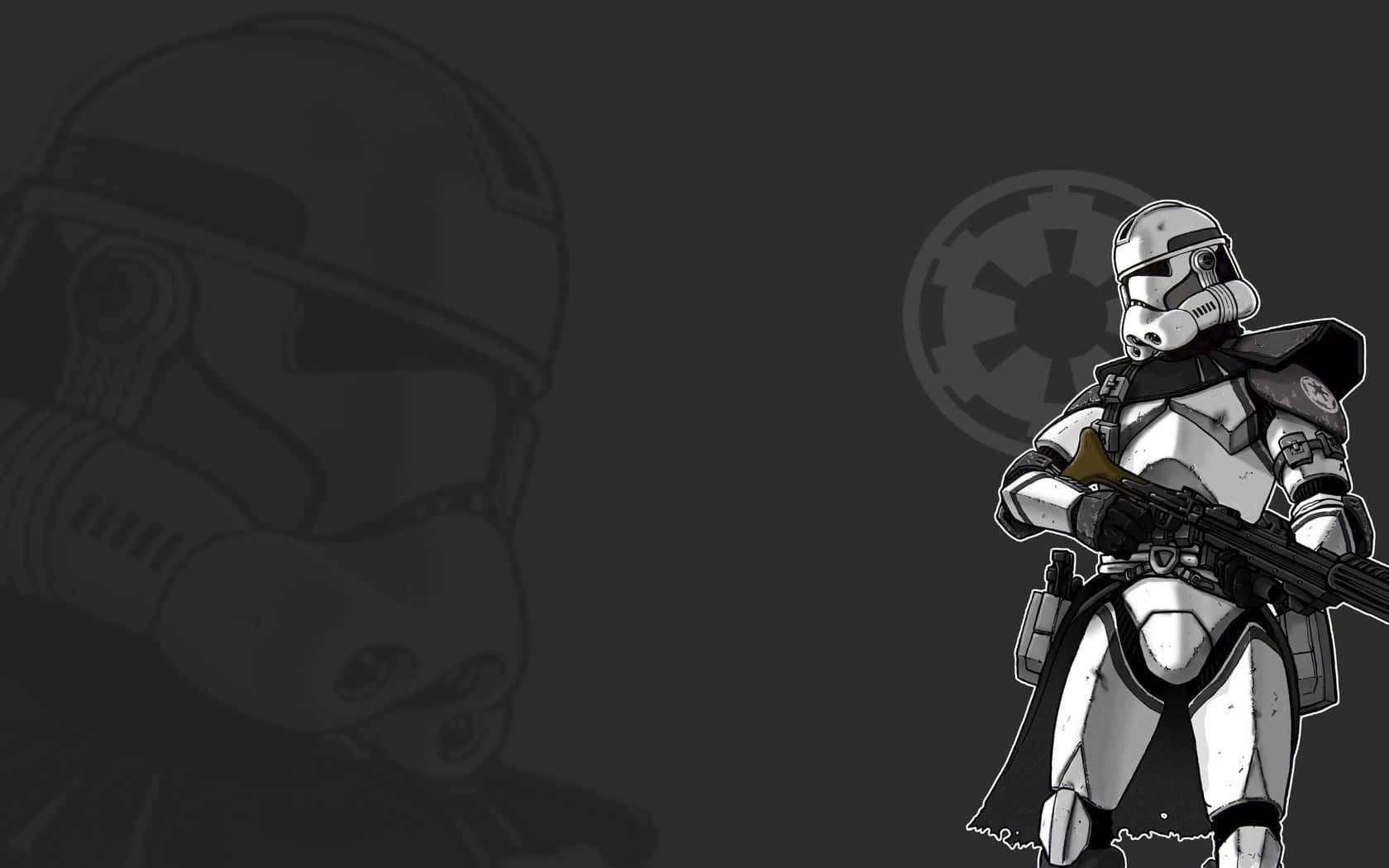 Star Wars Characters 桌布 壁紙 — 一幅鮮明的黑白插圖，描繪一名風暴兵手持爆能槍，背景有褪色的頭盔剪影和帝國標誌。