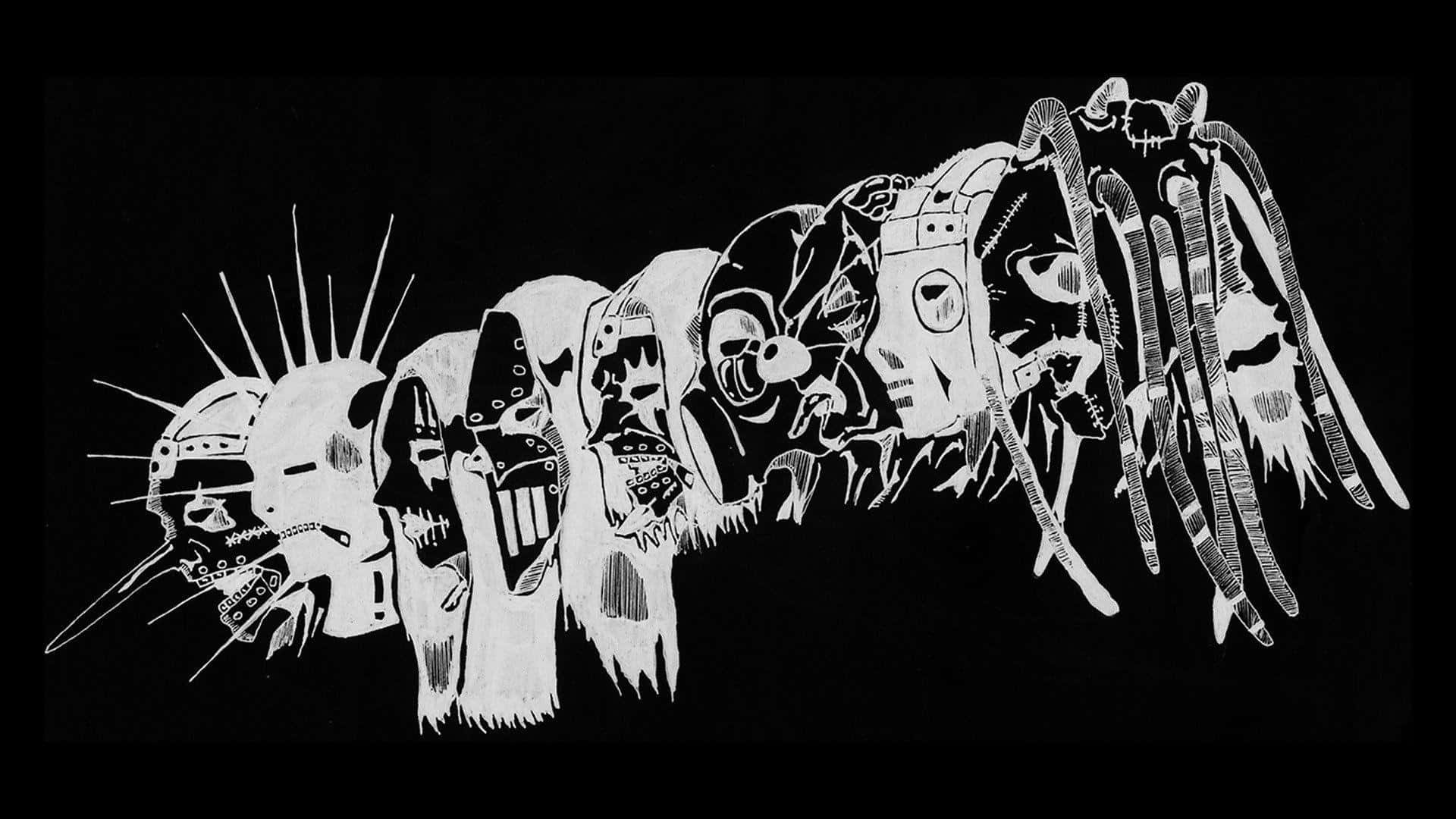 Painting 桌布 壁紙 — 一幅鮮明的黑白插圖，描繪一隻怪誕的毛毛蟲，長著畸形、帶刺且戴面具的頭部，在畫面中爬行。