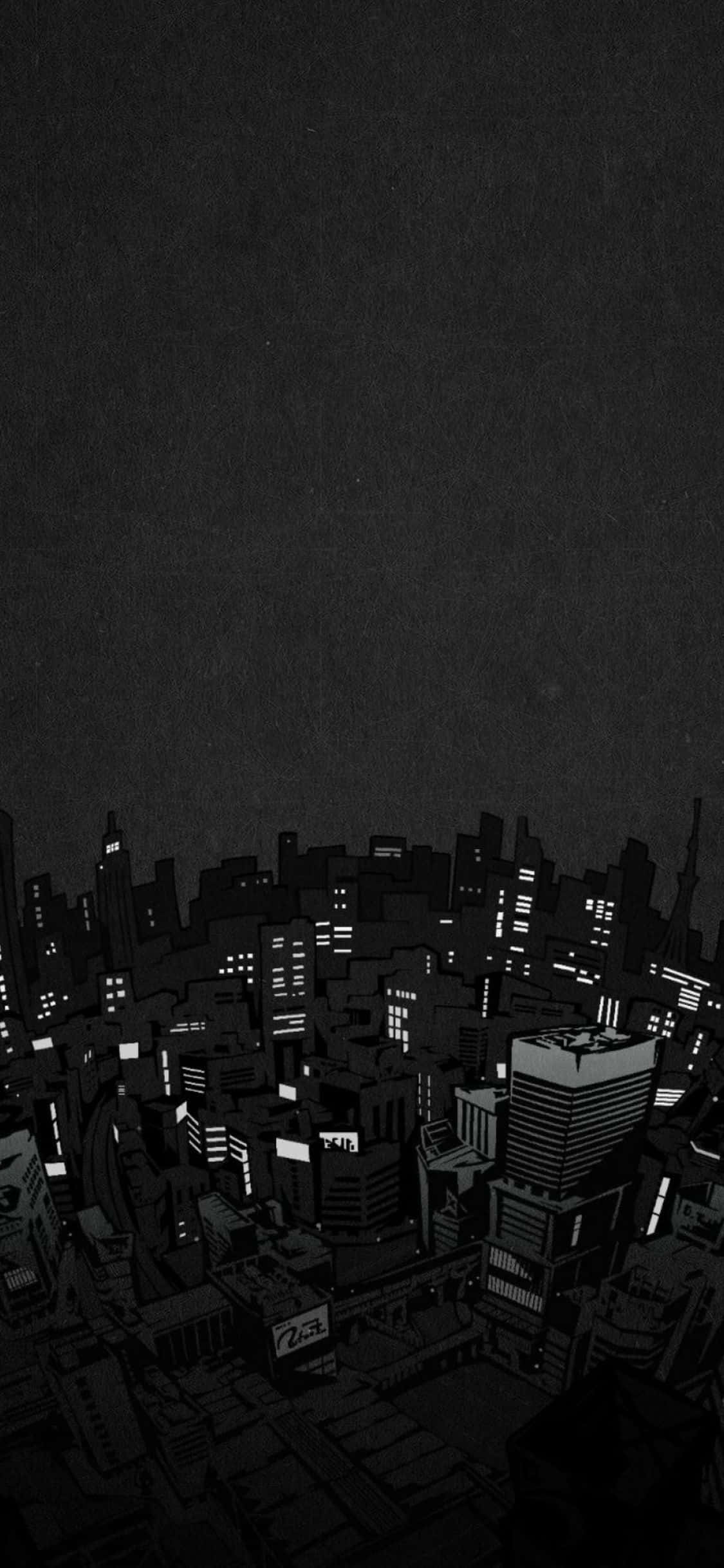 iPhone Xs Minimal 桌布 壁紙 — 一幅鮮明的黑白插圖，描繪了夜晚廣闊的城市景觀，發光的窗戶穿透黑暗。