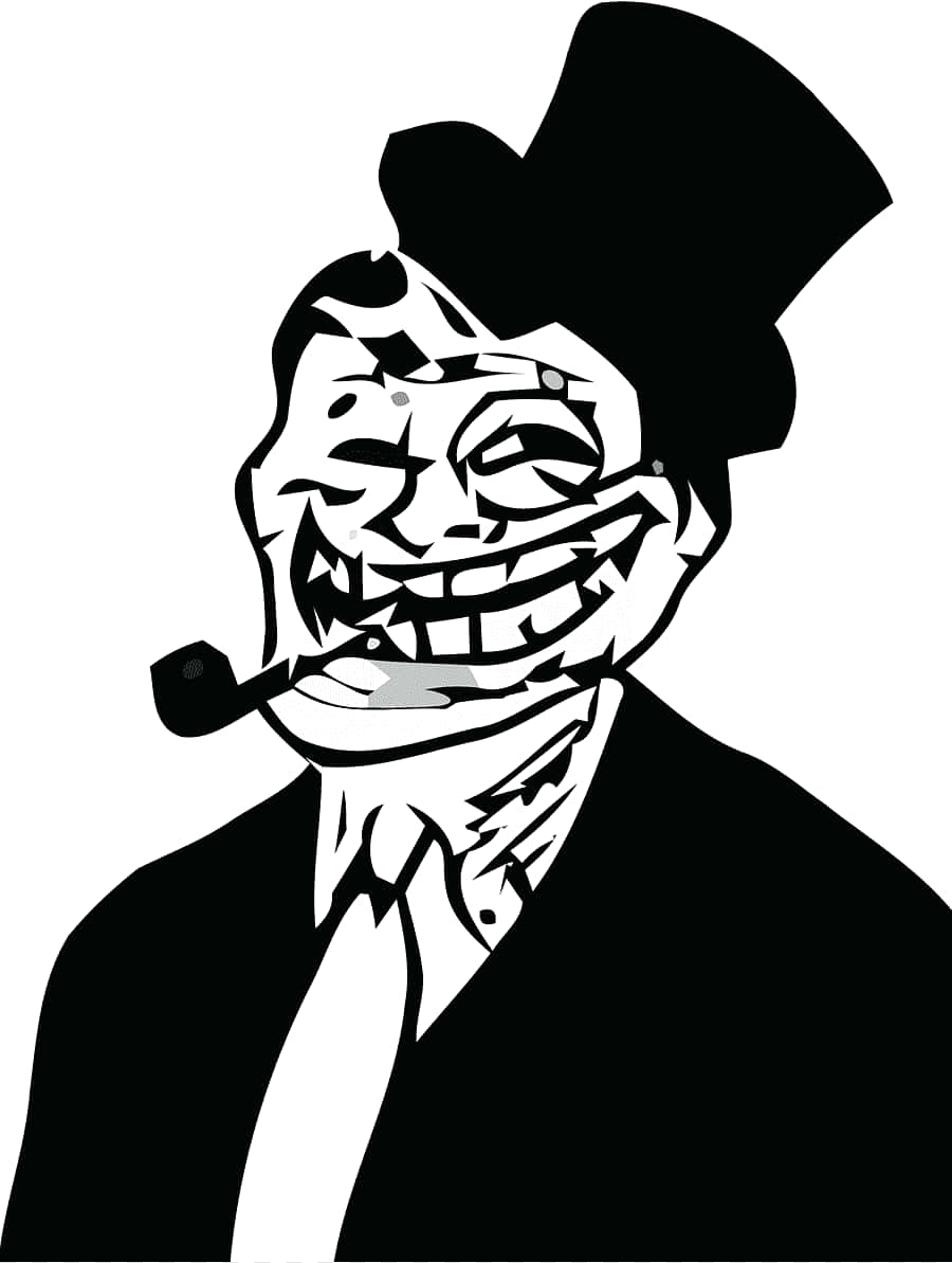 meme 桌布 壁紙 — 一幅鮮明的黑白插圖，描繪了戴著高帽、抽著煙斗、咧嘴大笑的 troll face 迷因。
