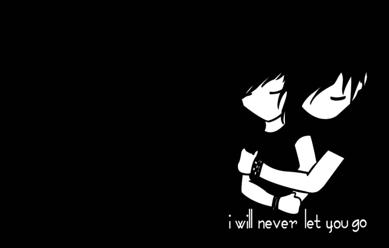 兩個動漫角色擁抱，附有文字「我永遠不會讓你走」 — Emo 美學 GIF 壁紙