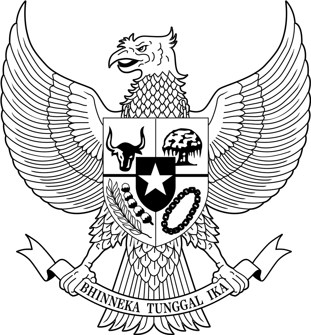 迦樓羅 桌布 壁紙 — 一幅鮮明的黑白插圖，描繪展翅的Garuda Pancasila，手持飾有國家象徵的盾牌和寫有Bhinneka Tunggal Ika的橫幅。