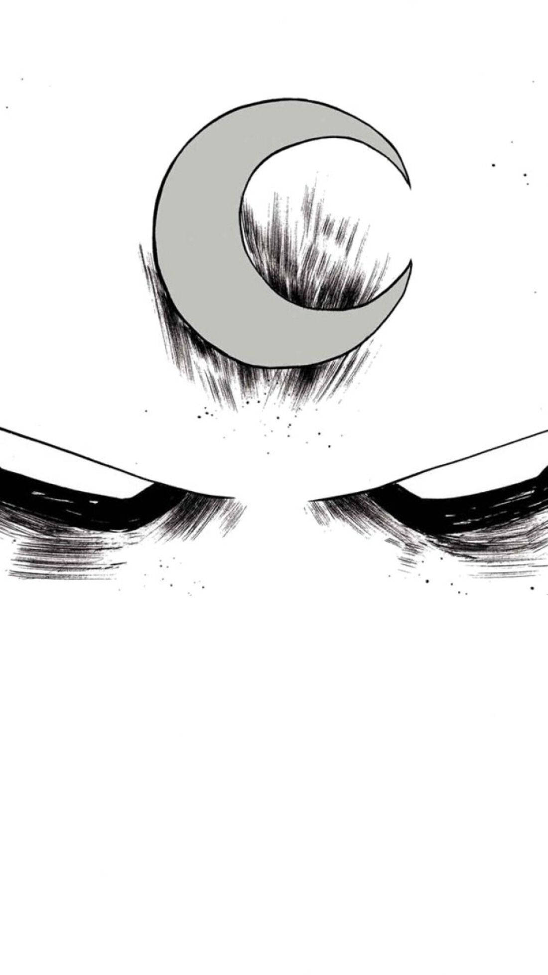 Moon Knight 桌布 壁紙 — 一幅鮮明的黑白插圖，描繪強烈的眼睛向上凝視新月，帶有紋理陰影。
