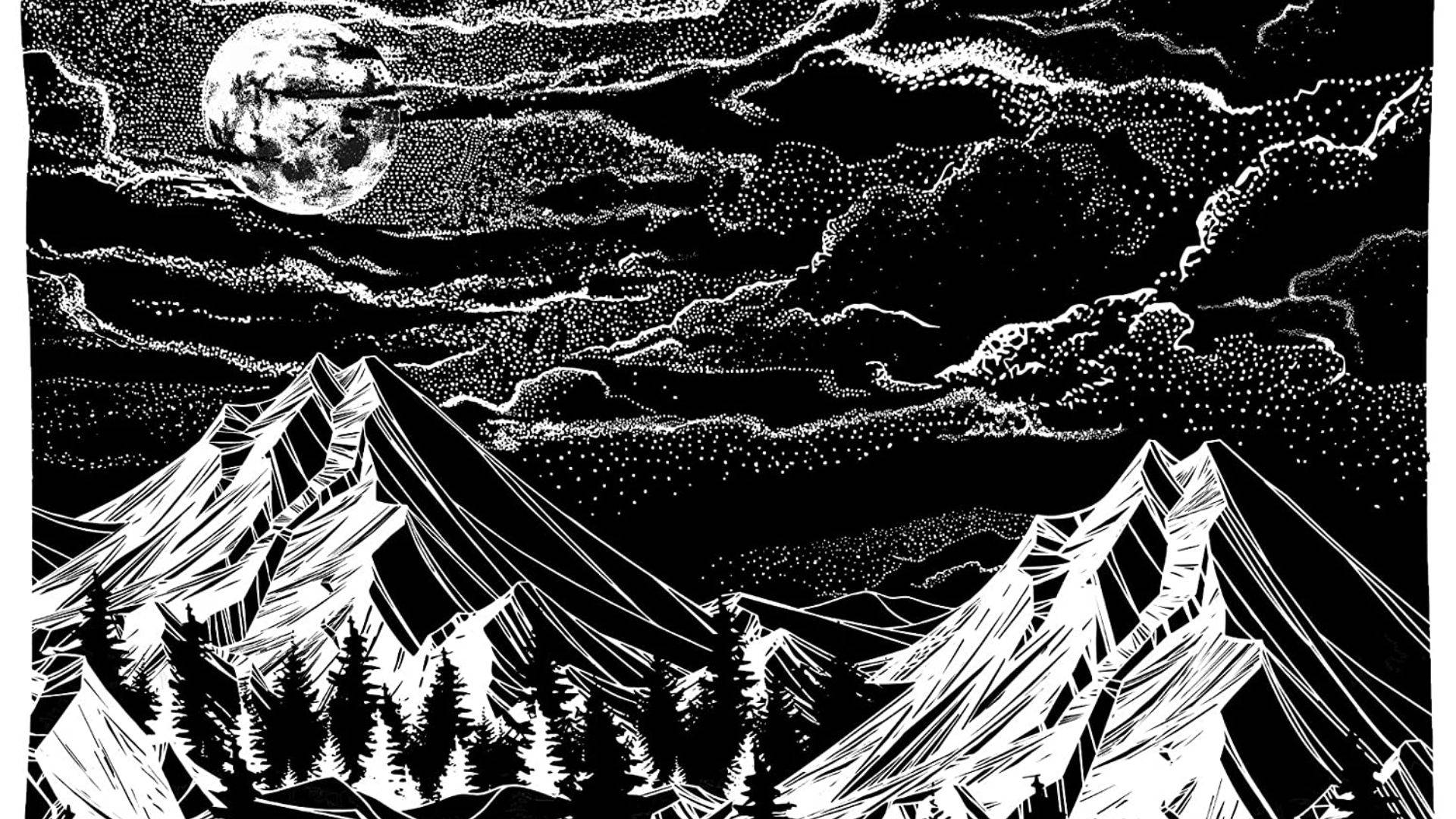 黑白藝術 桌布 壁紙 — 一幅鮮明的黑白插圖，描繪滿月下參差的山峰和 swirling 的雲。