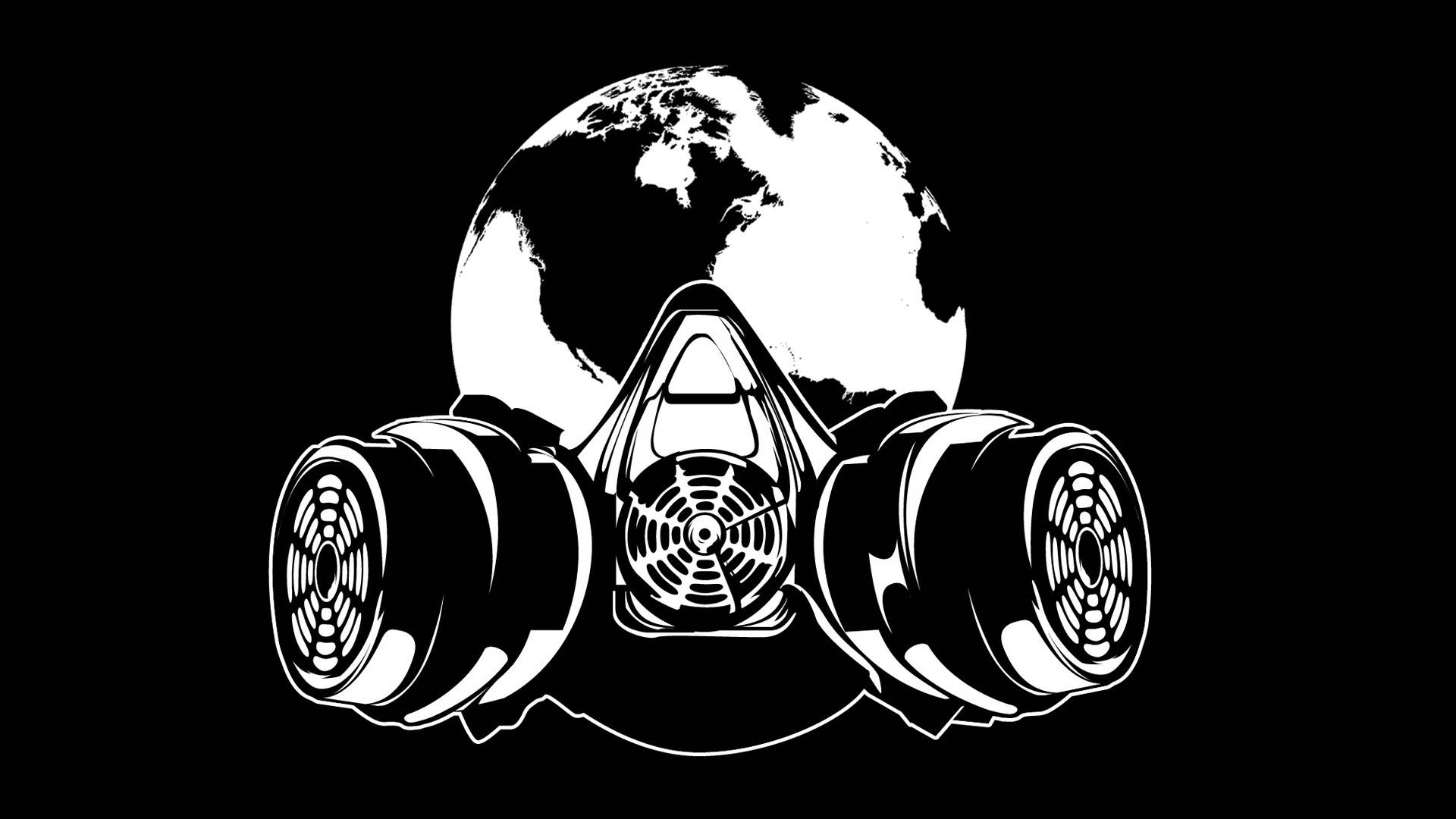 Gas 桌布 壁紙 — 一幅鮮明的黑白插圖，描繪防毒面具籠罩在地球儀之上，象徵環境危機。