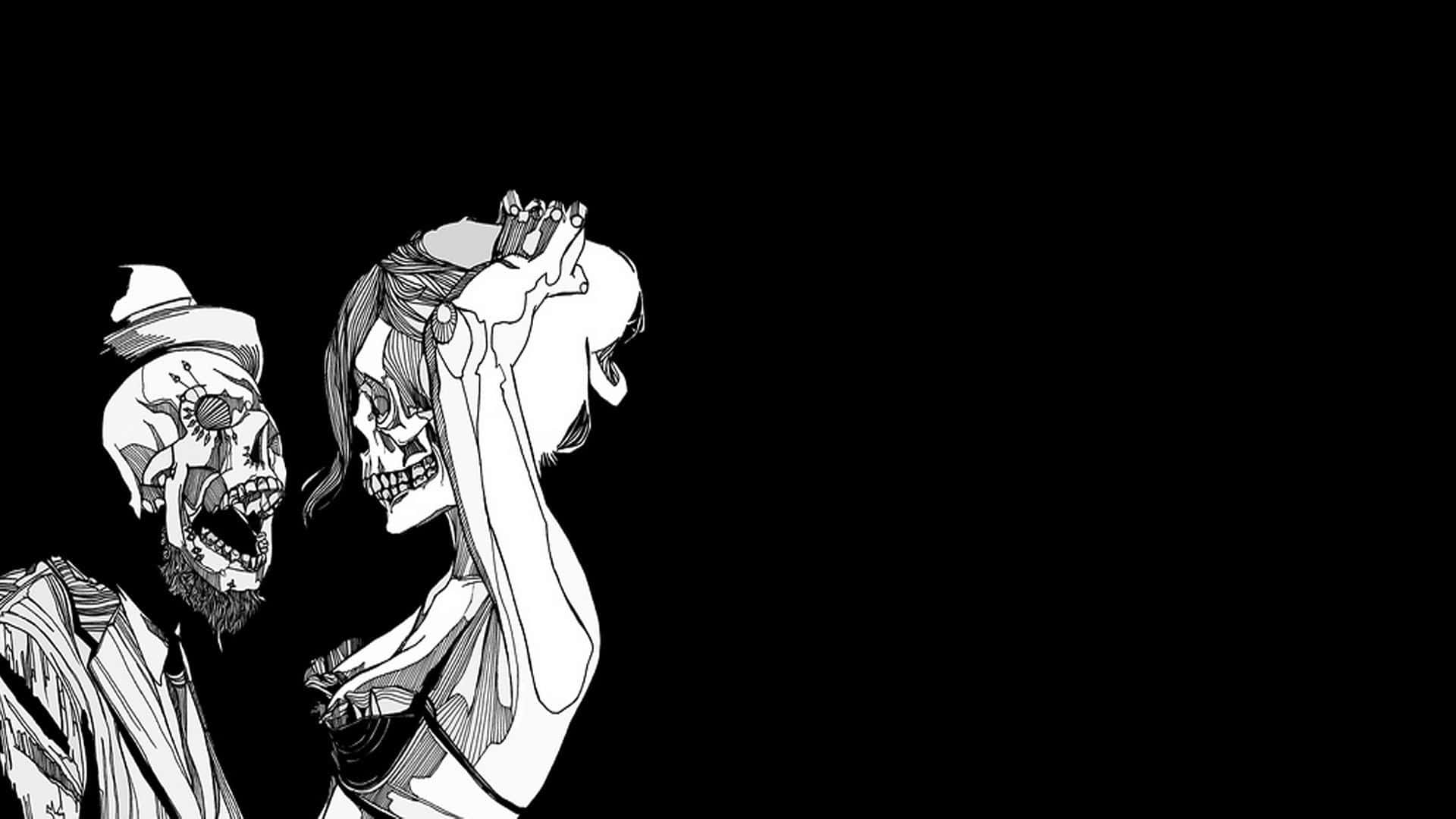 Halloween Skeleton 桌布 壁紙 — 一幅鮮明的黑白插圖中，兩個骷髏人物，一個戴帽有鬍鬚，另一個長髮，兩者以富有表現力的姿態面向虛空。