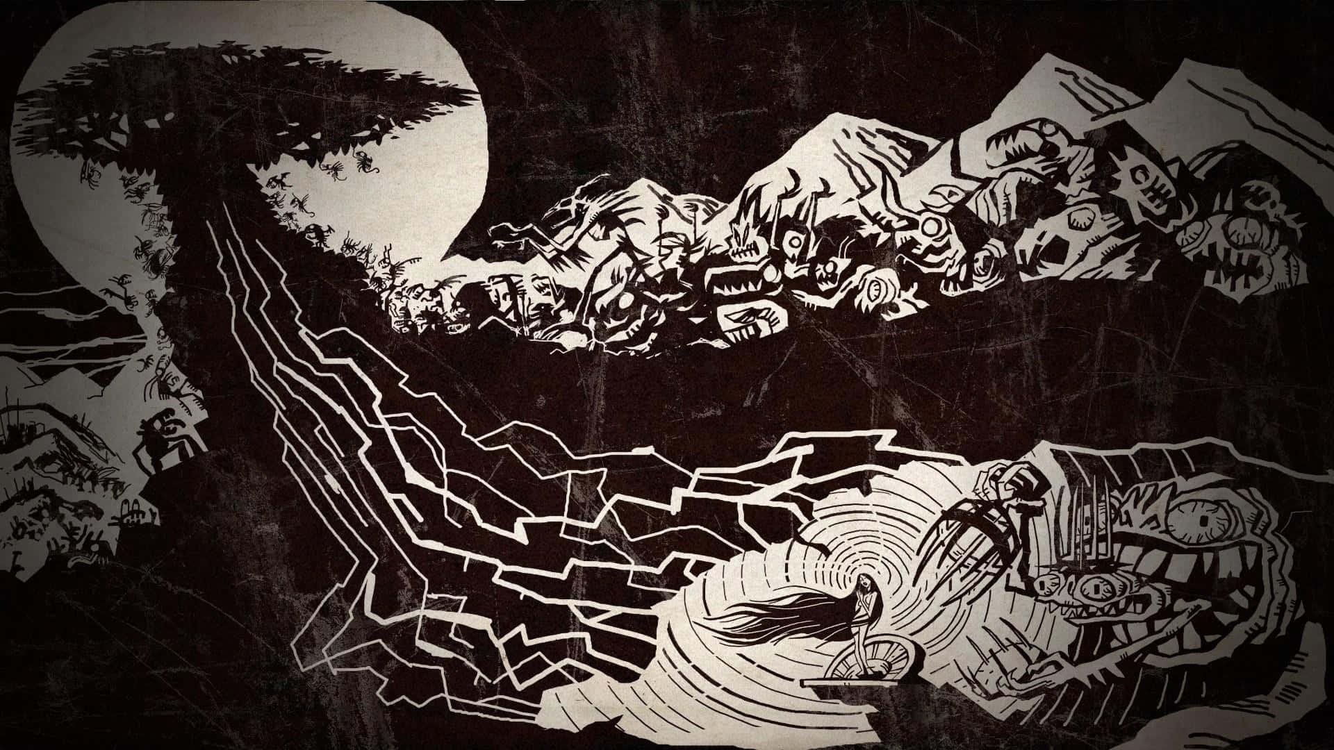 高清 桌布 壁紙 — 一幅鮮明的黑白插圖描繪了一個孤獨的騎單車者在滿月下沿著蜿蜒的小路飛馳，被一群怪誕的怪物追趕。
