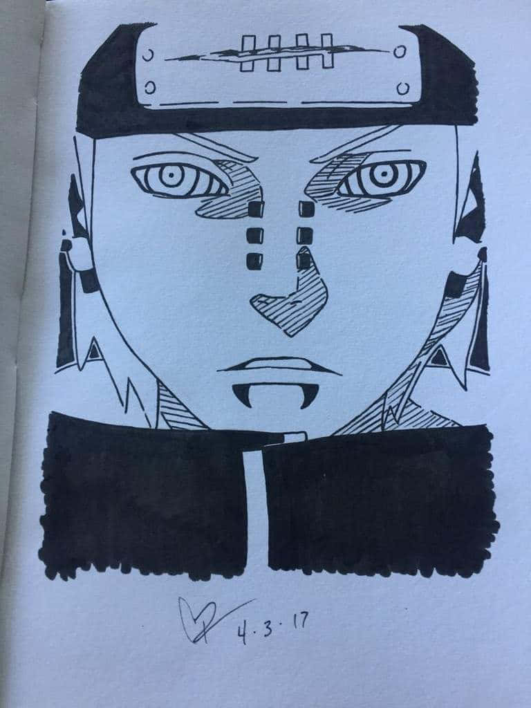 Akatsuki Drawing 桌布 壁紙 — 一幅鮮明的黑白水墨畫，描繪了一個風格化的動漫角色，帶有頭帶和面部標記。