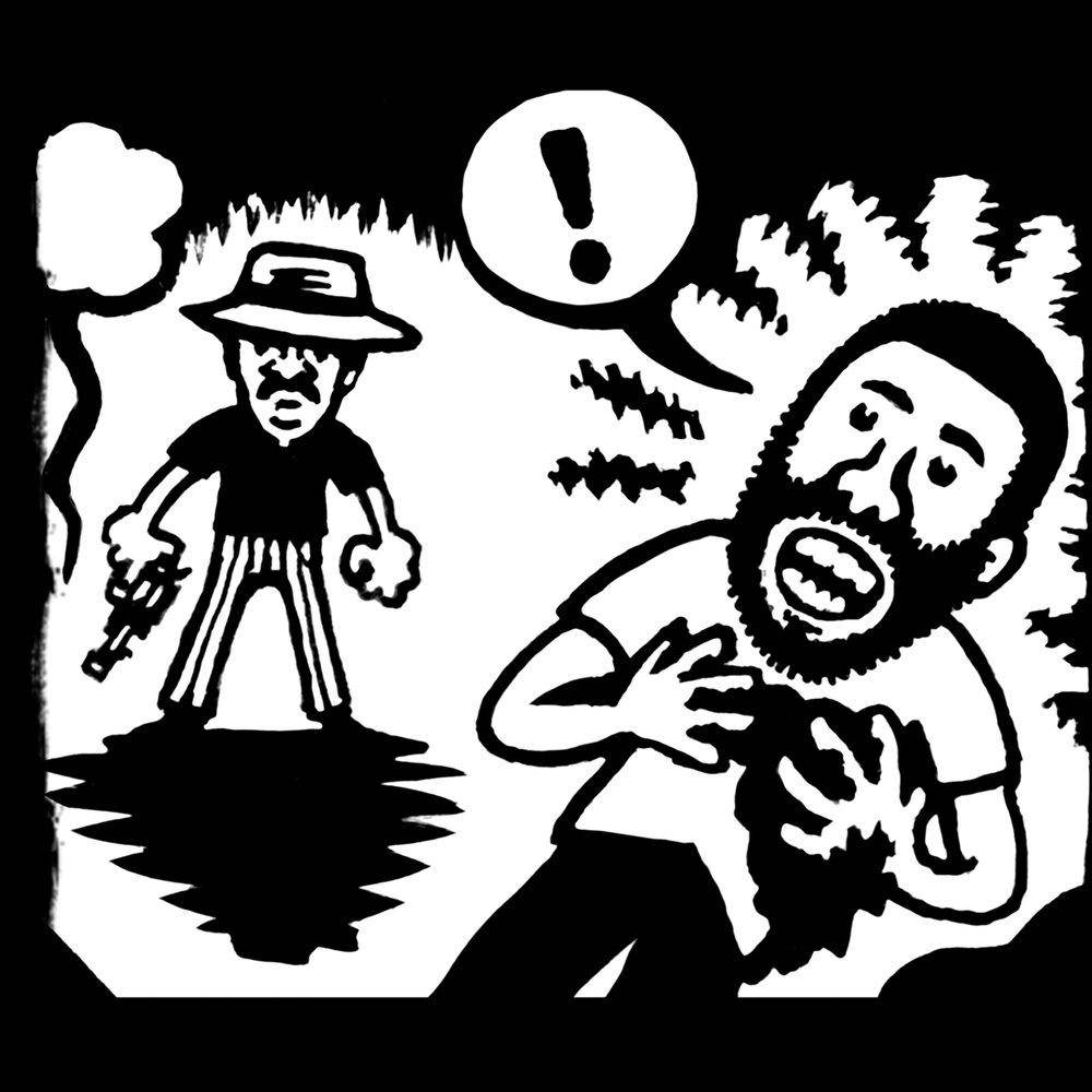 馬文·蓋 桌布 壁紙 — 一幅鮮明的黑白漫畫描繪了一個持槍男子與一個驚恐尖叫的鬍鬚男對峙。