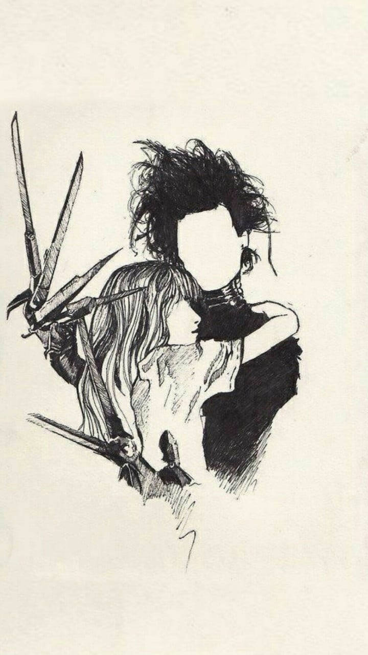 Edward Scissorhands 桌布 壁紙 — 一幅鮮明的黑白素描，描繪一個頭髮凌亂的人物手持多把刀，同時擁抱另一個人。