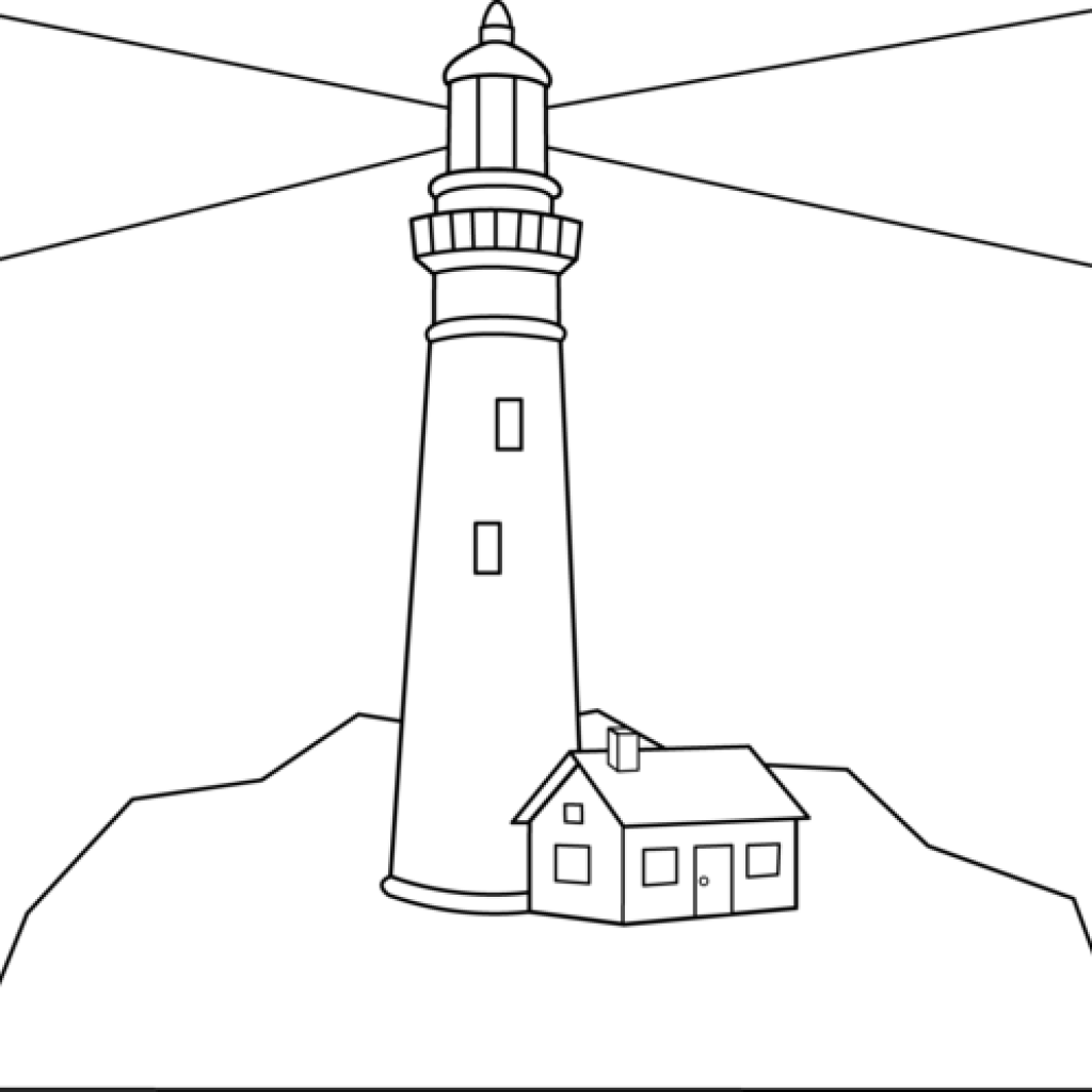 Lighthouse 桌布 壁紙 — 一幅鮮明的黑白線條畫，描繪燈塔光束劃破黑暗，旁邊有一座小小的看守人小屋。