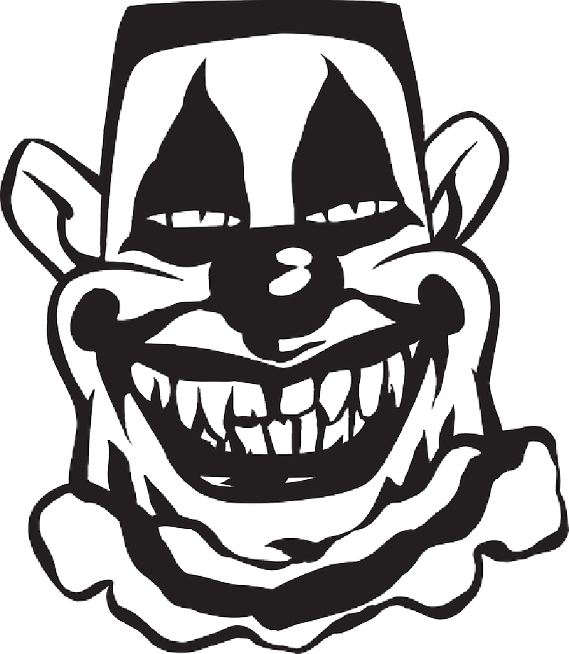 詭異的GIF 桌布 壁紙 — 一幅鮮明的黑白線條藝術插圖，描繪一個帶有尖牙和尖耳朵的威脅性小丑面孔。