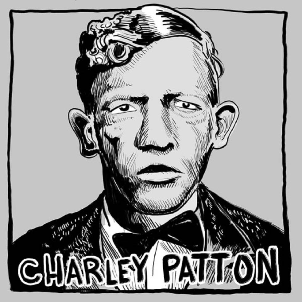 Legend 桌布 壁紙 — 一幅鮮明的黑白線條藝術肖像，描繪查理·帕頓（Charley Patton）戴著機械眼植入物和領結，背景為灰色。