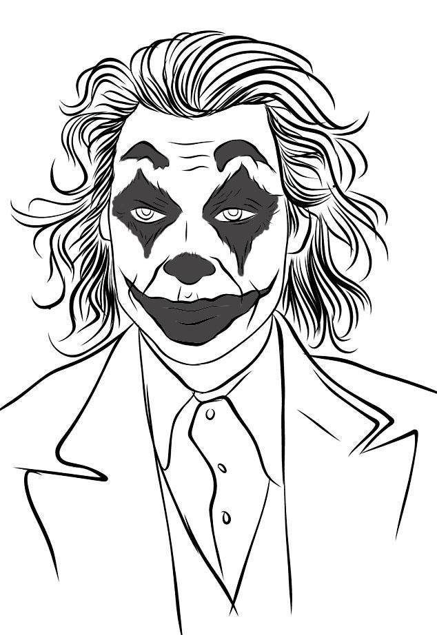 Black And White Joker 桌布 壁紙 — 一幅鮮明的黑白線條藝術肖像，描繪小丑的狂野頭髮和標誌性小丑妝容。
