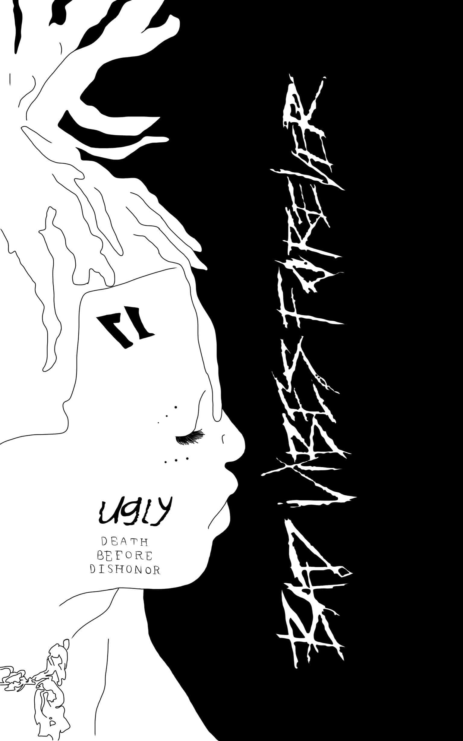XXXTENTACION 桌布 壁紙 — 一幅鮮明的黑白線條藝術肖像，描繪一個人的側面，帶有文字元素和抽象流動的頭髮，背景為純黑色。