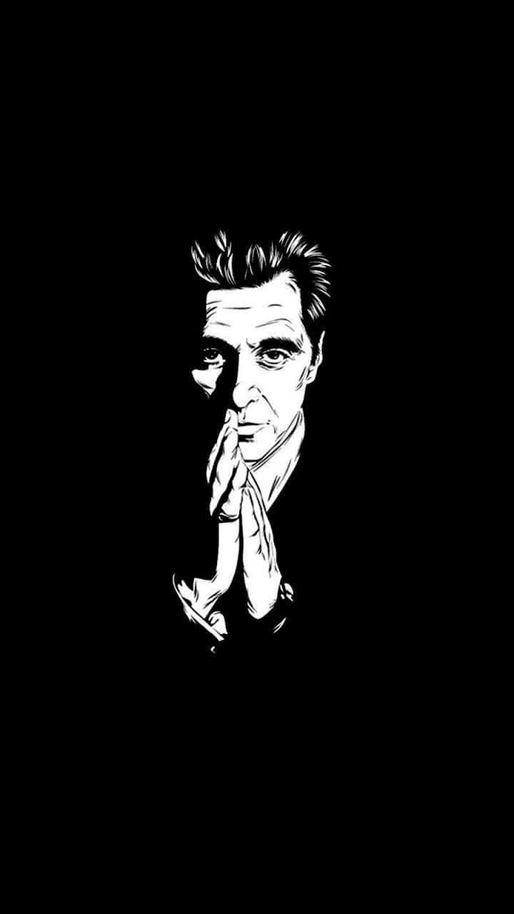 Al Pacino 桌布 壁紙 — 一幅鮮明的黑白線條藝術肖像畫，描繪一名男子雙手交握於臉旁，背景為純黑色。