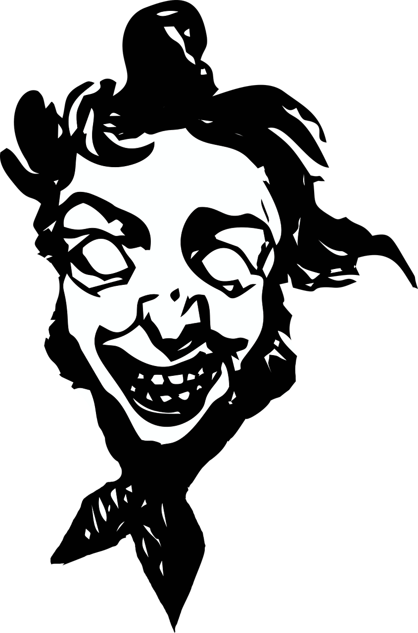 詭異的GIF 桌布 壁紙 — 一幅鮮明的黑白風格插圖，描繪一個帶有大眼睛和鋸齒狀笑容的可怕小丑臉。