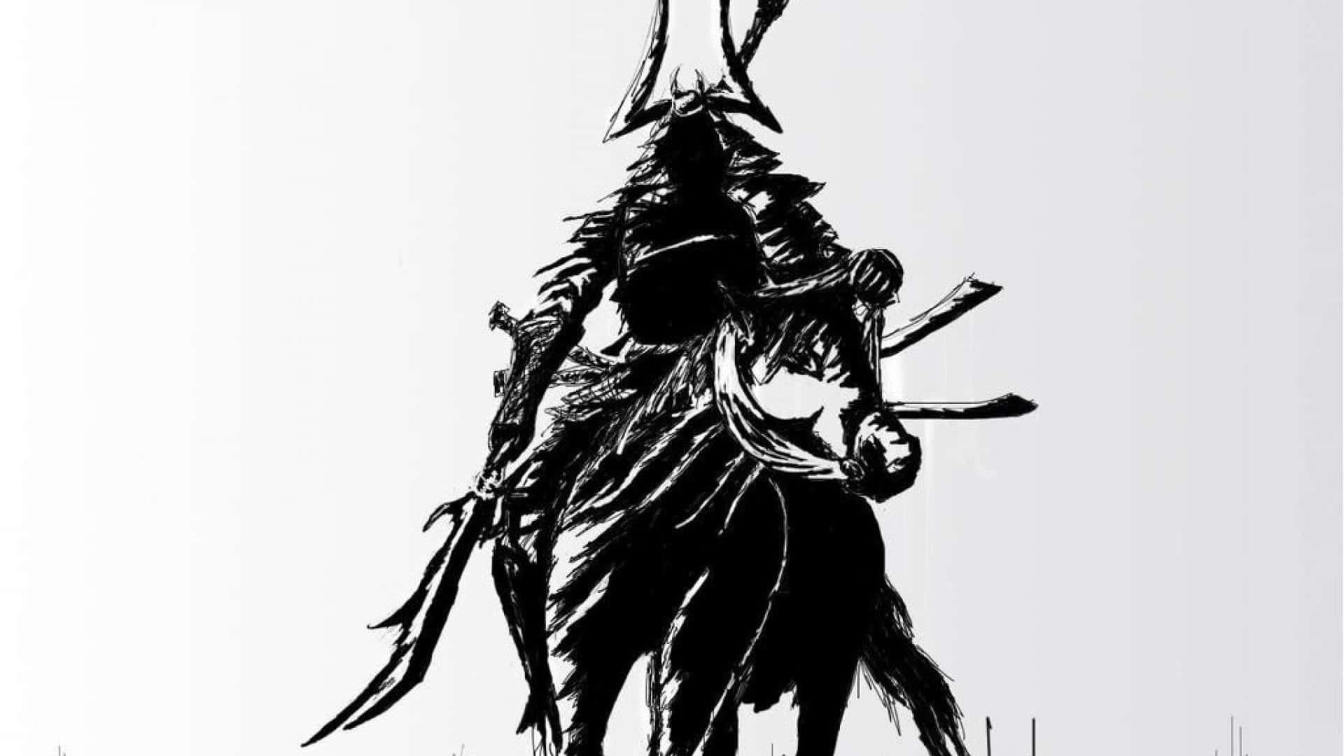 武士動畫 桌布 壁紙 — 一幅鮮明的黑色墨水插圖，描繪一位武士騎在馬上，在純白背景前揮舞著劍。