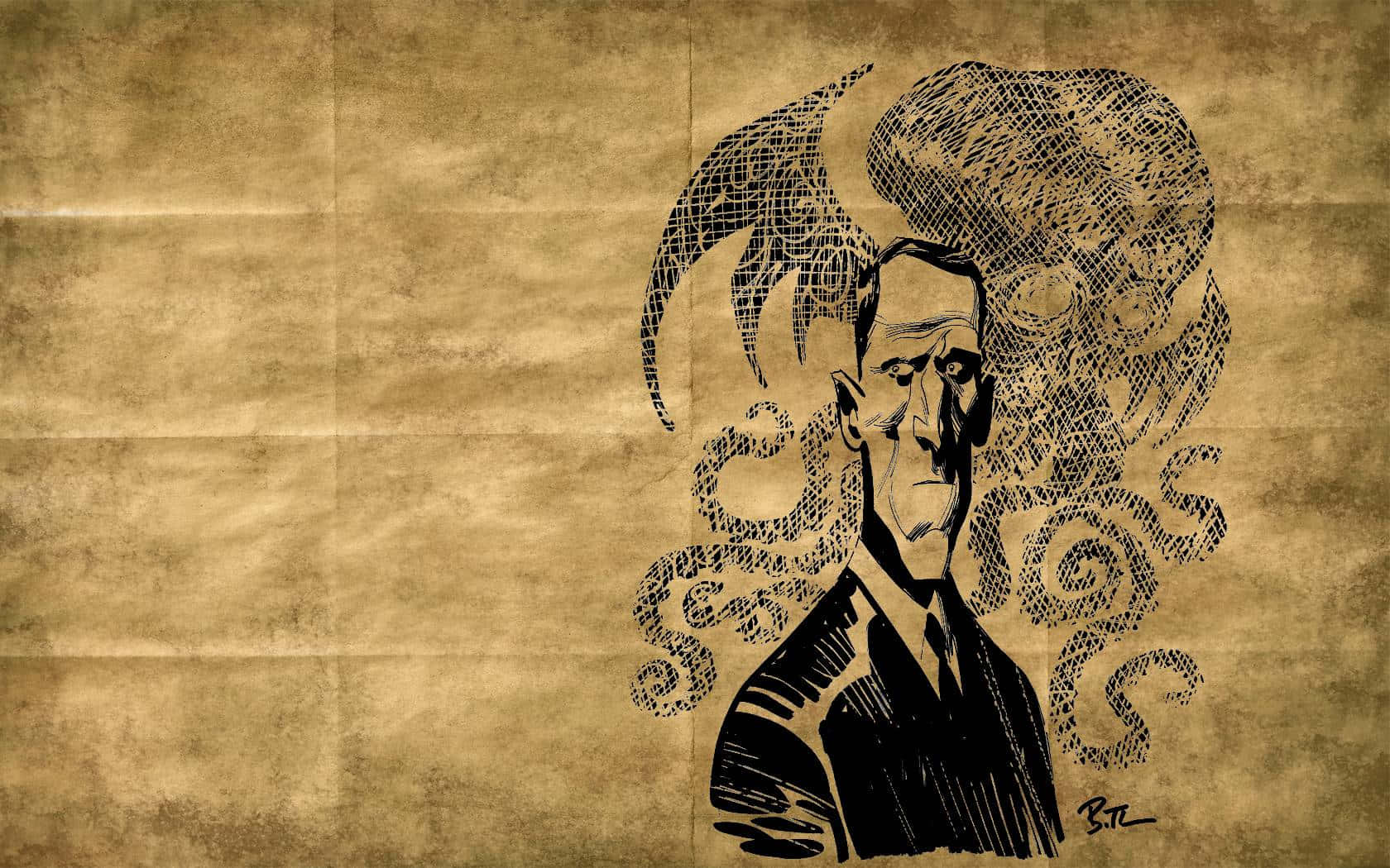 洛夫克拉夫特 桌布 壁紙 — 一幅鮮明的黑色墨水插圖，描繪一個男人頭部冒出旋轉觸手，背景為陳舊羊皮紙。