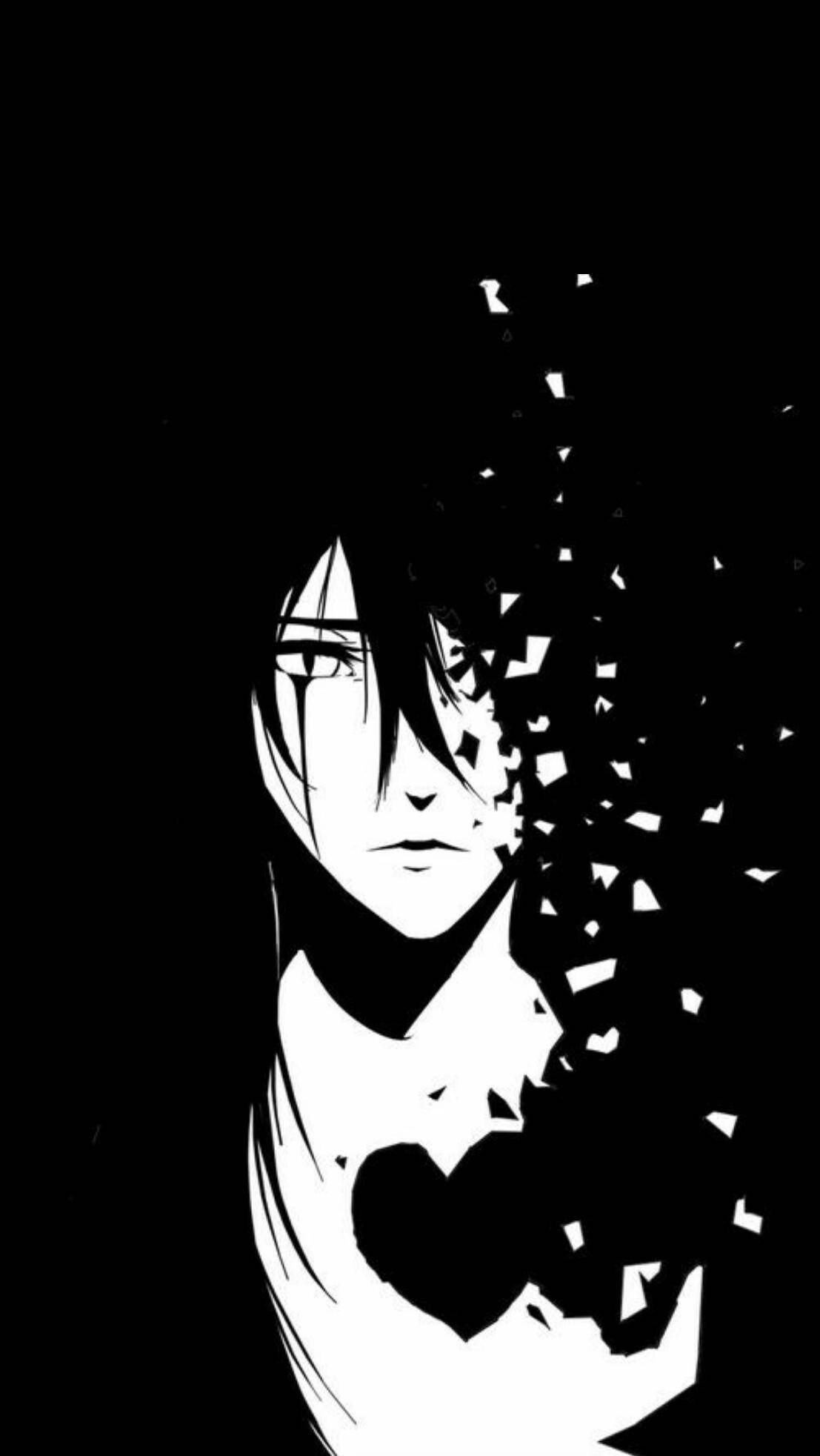 黑色動畫gif 桌布 壁紙 — 一幅鮮明黑白動畫肖像，人物頭部和胸口爆裂出碎片。