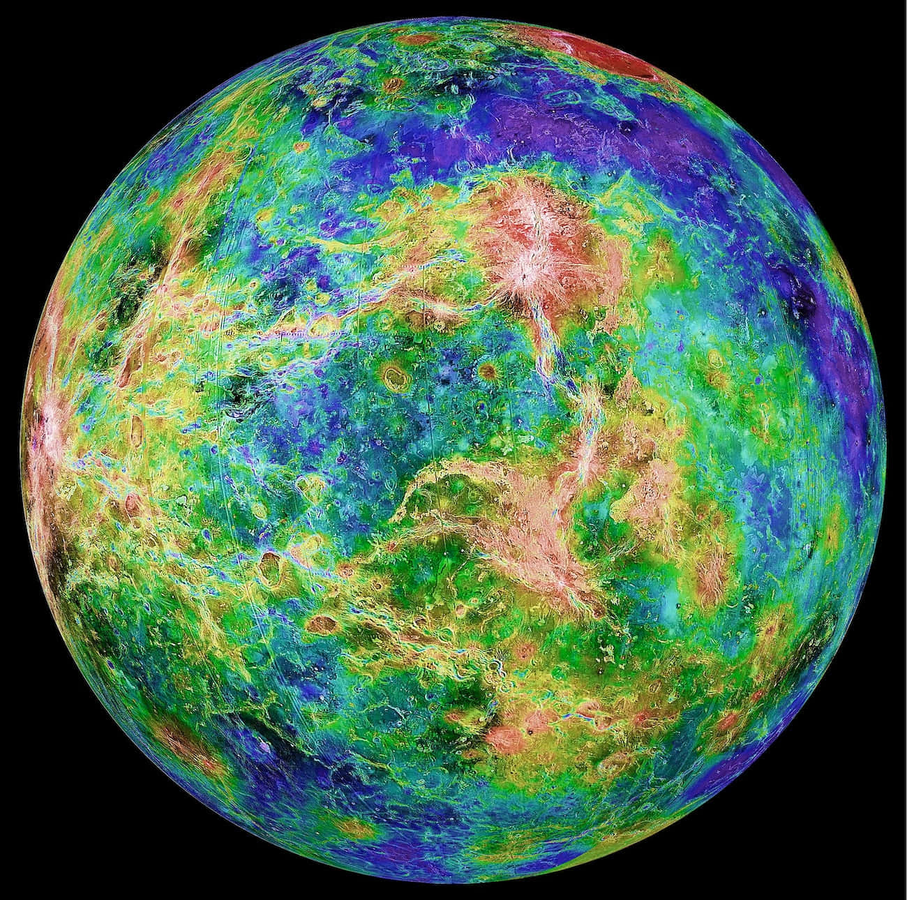 Venus 桌布 壁紙 — 一幅鮮豔的假色地圖，顯示水星佈滿隕石坑的表面，在黑色太空中閃耀著藍色、綠色和紫色。