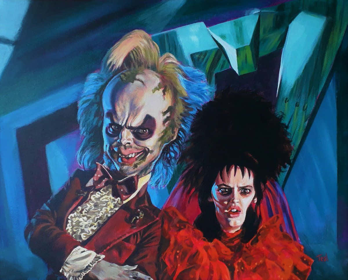 Beetlejuice 桌布 壁紙 — 一幅鮮豔的油畫，描繪了Beetlejuice和Lydia Deetz在超現實的藍色和紅色哥德式場景中。