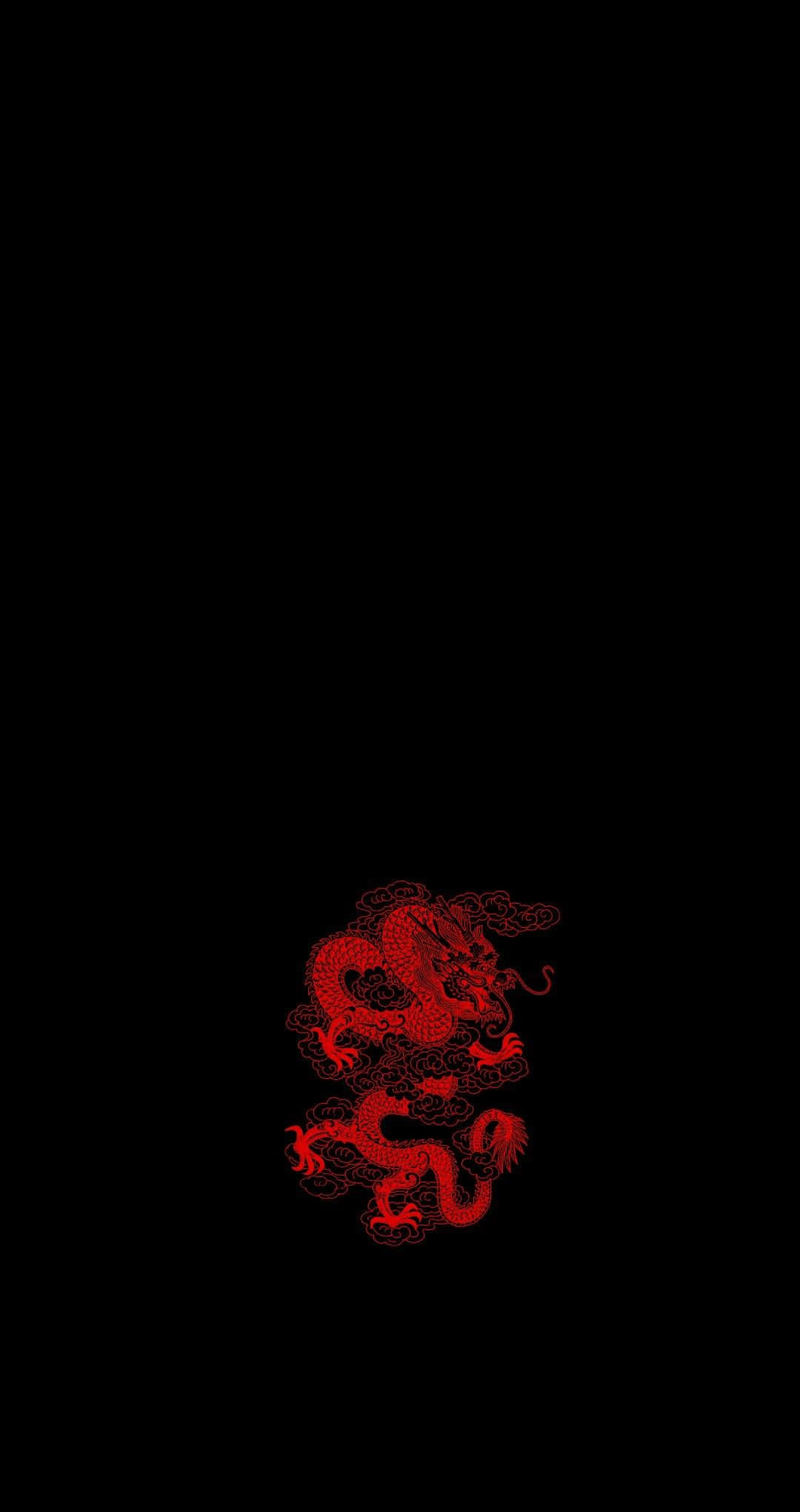 Red Japanese 桌布 壁紙 — 一幅鮮豔的紅色傳統中國龍插圖在純黑背景上優雅地盤旋。