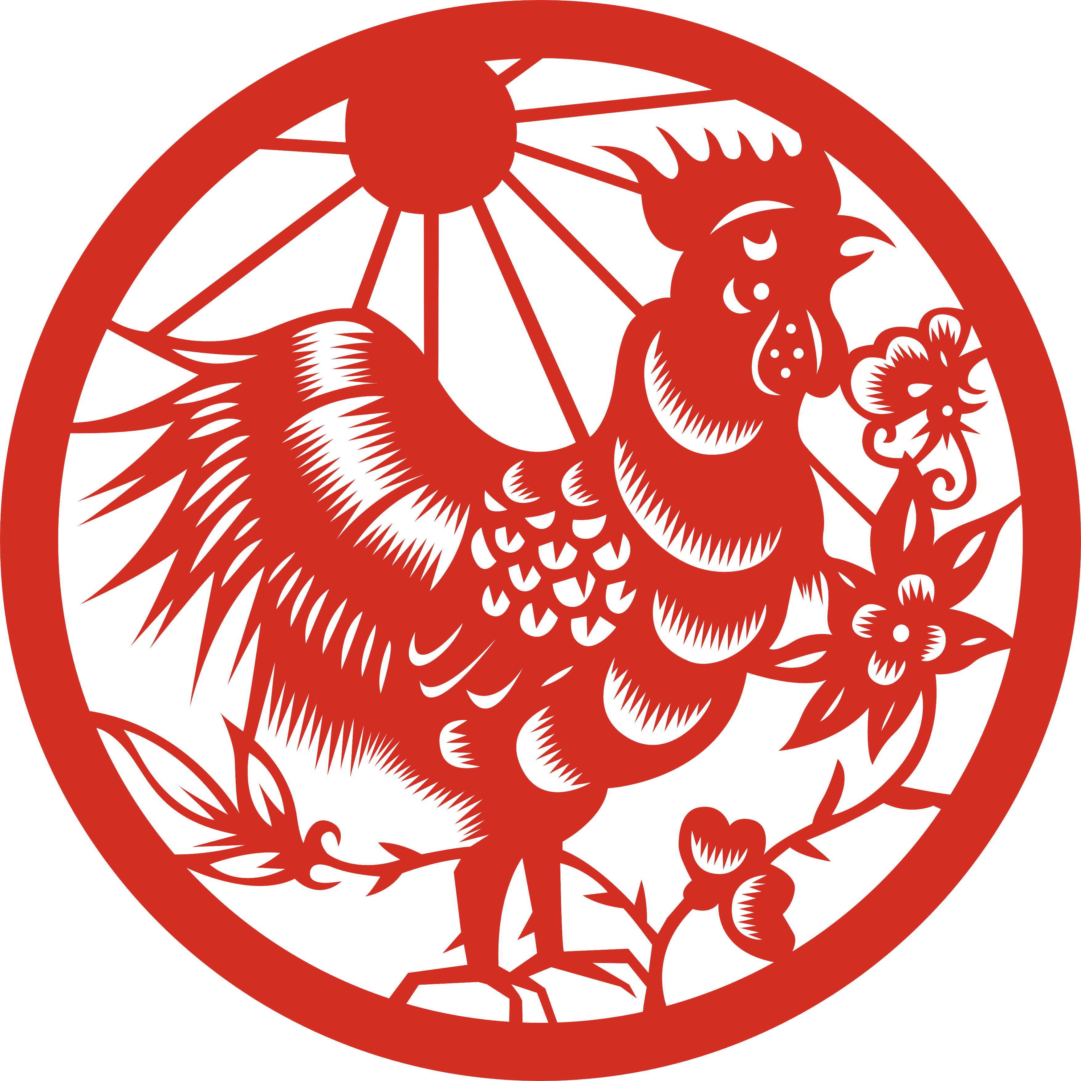 rooster 桌布 壁紙 — 一幅鮮豔的紅色圓形剪紙藝術品，描繪了一隻細節豐富的公雞站在盛開的花朵旁，上方是風格化的太陽。