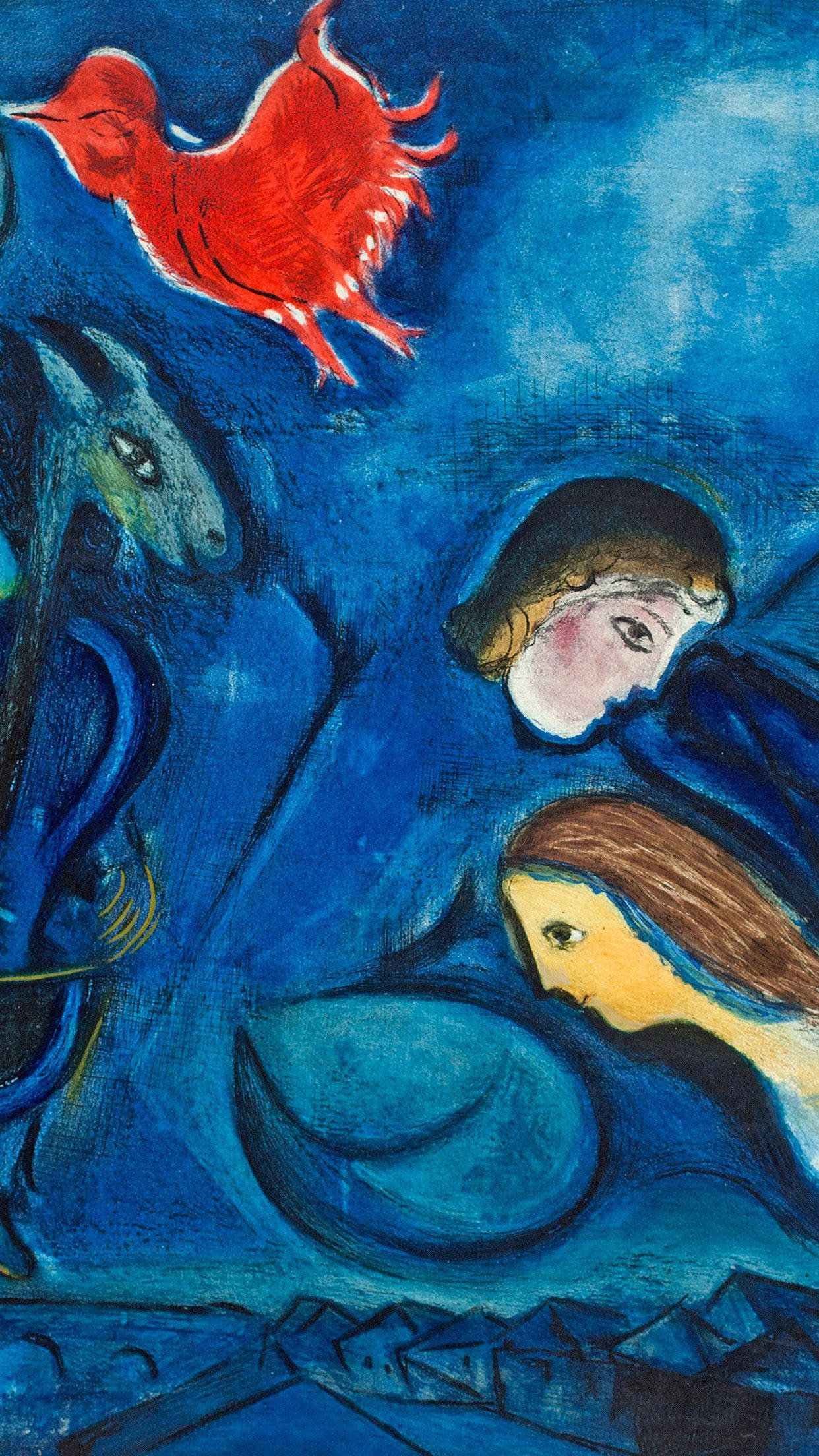 Painting 桌布 壁紙 — 一幅鮮豔的藍色畫作描繪了兩位女士和一隻紅鳥，背景是旋轉的天空，下方有深色形狀。