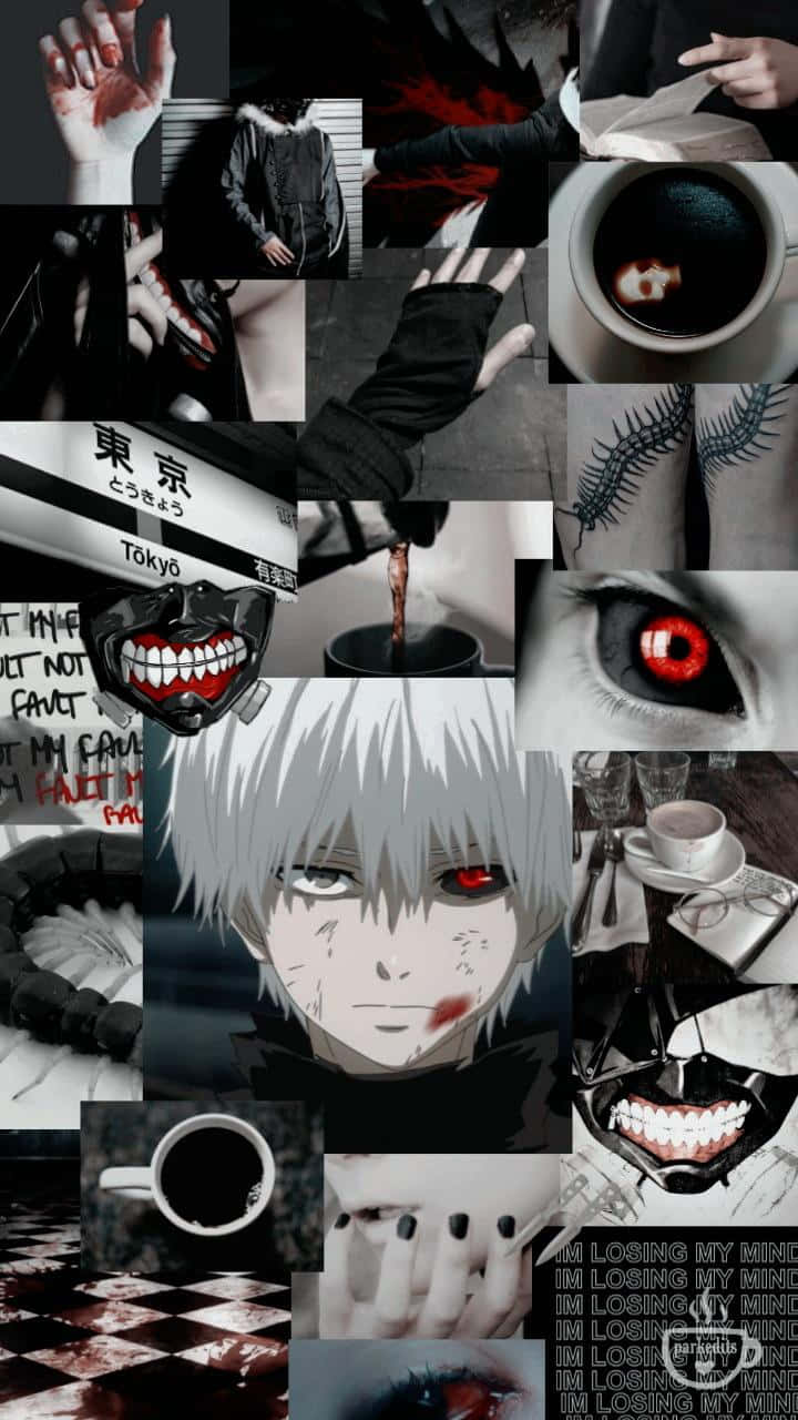 Kaneki Phone 桌布 壁紙 — 一幅黑暗動漫拼貼畫，中央角色白髮紅眼，周圍環繞著粗獷的城市和超現實意象。