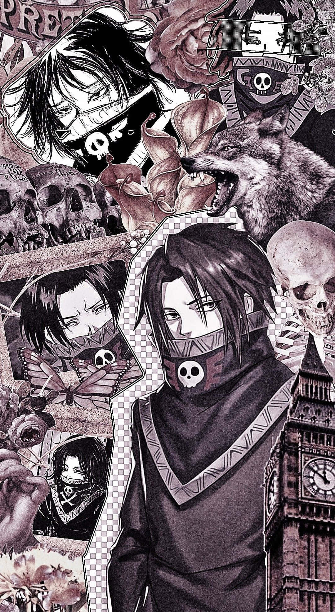 Feitan 桌布 壁紙 — 一幅黑暗動漫拼貼畫，描繪戴面具的角色、骷髏、狼和玫瑰，背景是倫敦大笨鐘。