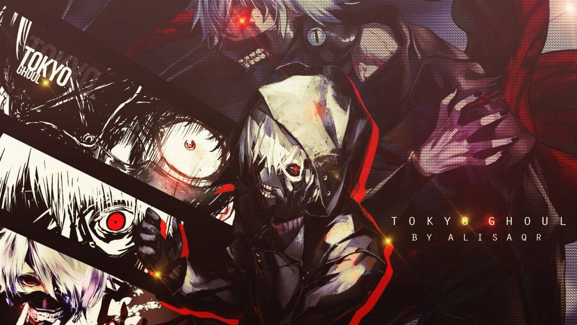 東京喰種 桌布 壁紙 — 一幅黑暗動漫拼貼畫，描繪東京喰種角色，紅眼利齒，背景是粗糙的城市景觀。