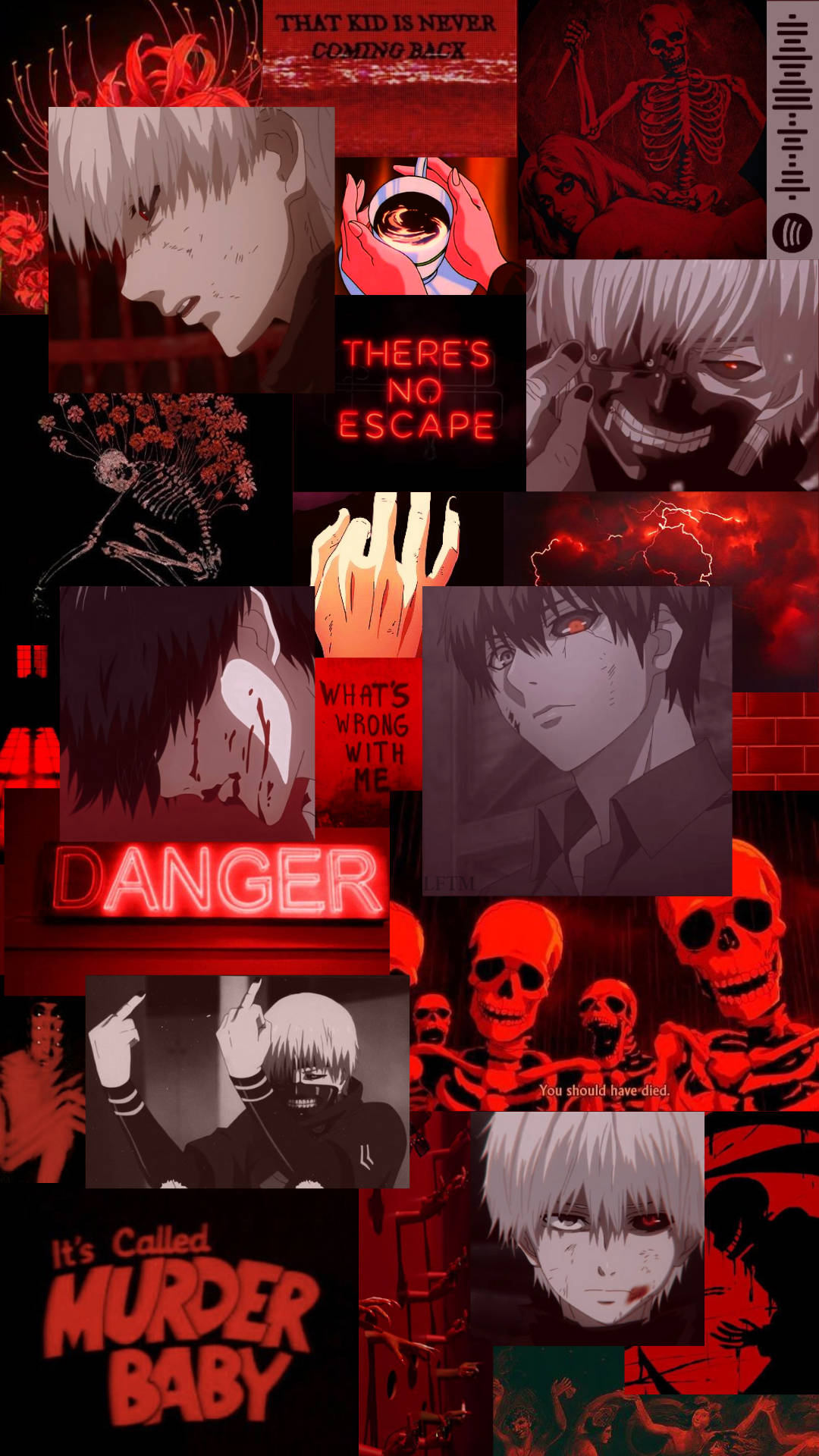 東京喰種 桌布 壁紙 — 一幅黑暗動漫拼貼畫，描繪金木研（Kaneki Ken）雙眼發出紅光，周圍有骷髏頭，背景是血紅色，帶有不祥的文字。