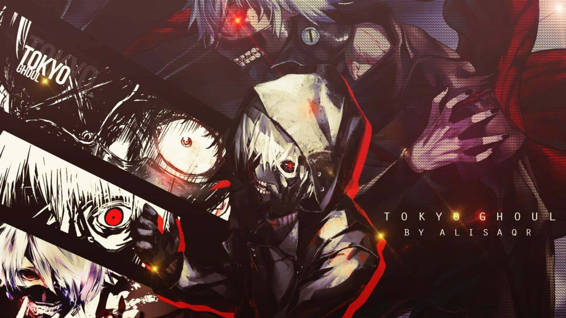 Ken Kaneki 桌布 壁紙 — 一幅黑暗動漫風格的拼貼畫，描繪《東京喰種》角色，紅眼利齒，背景為粗糙的城市景觀。